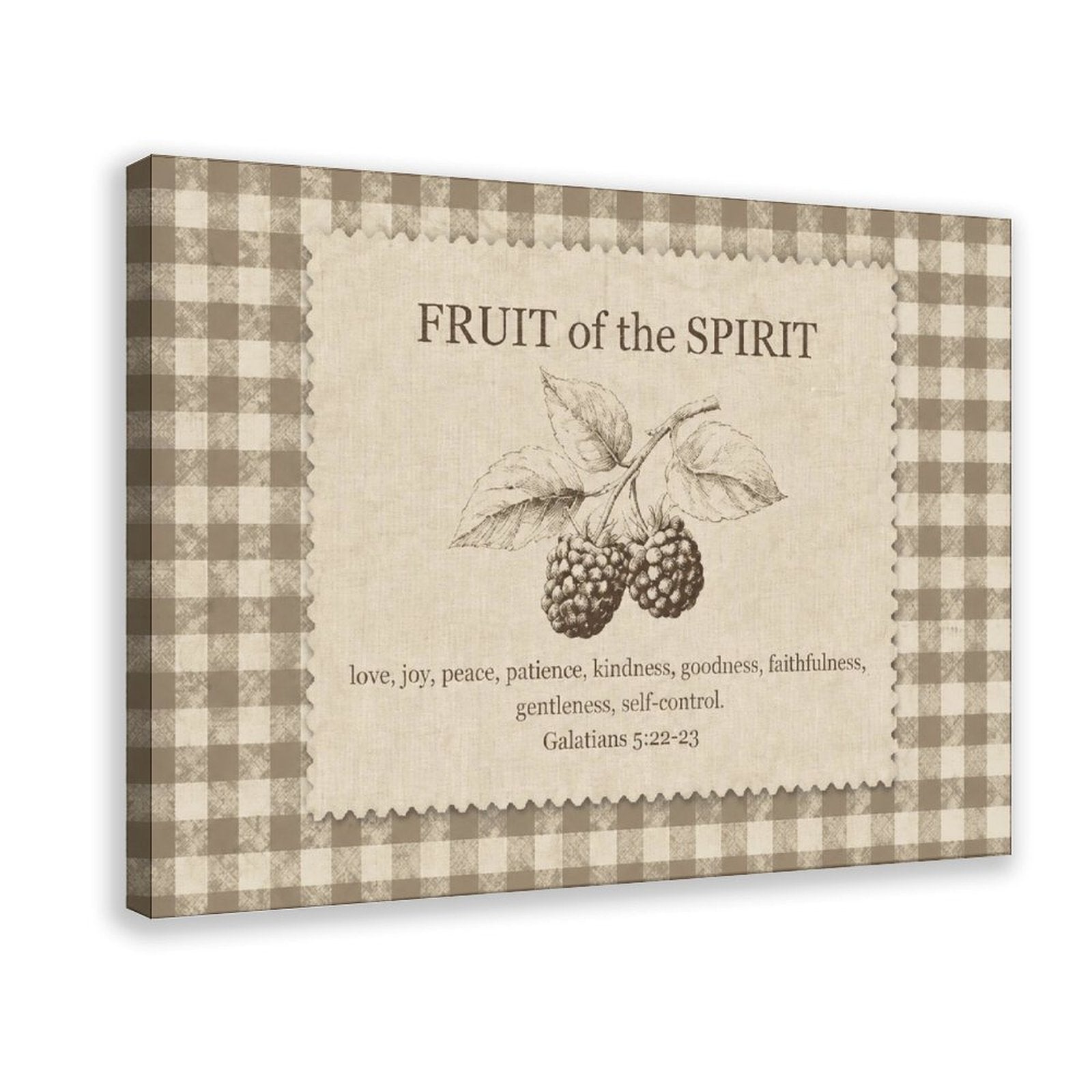 Fruit of the Spirit scripture typography with berry illustration in taupe, cream, brown tones — Wrapped Canvas HERO