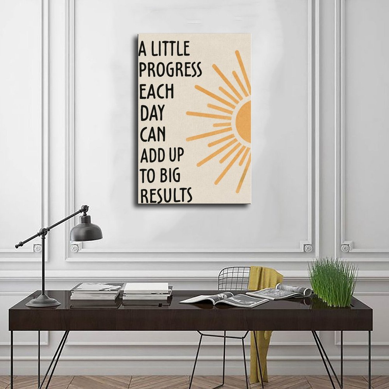 motivational typography with a sunburst motif in black, mustard yellow, cream tones — Wrapped Canvas SCENE_01