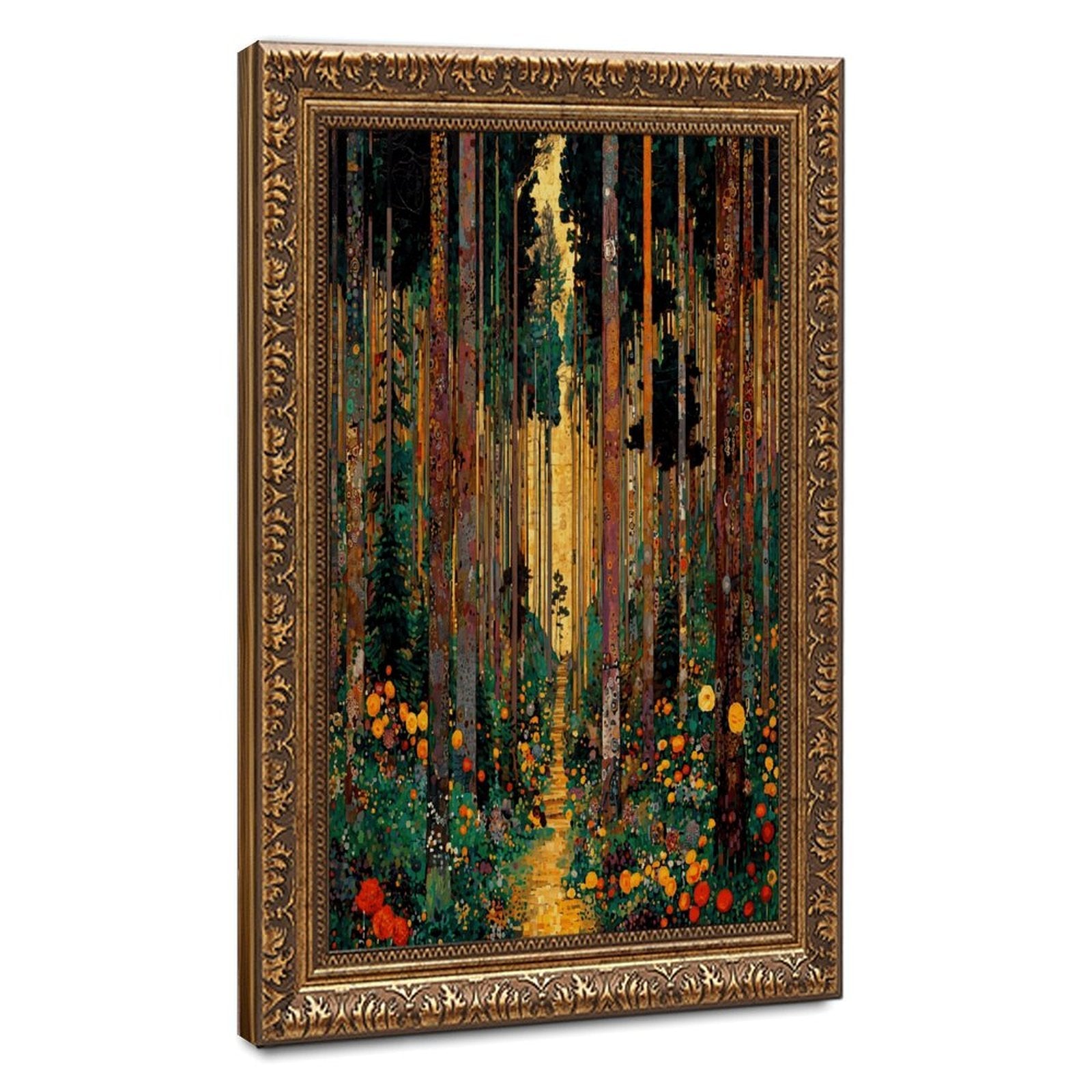 glowing forest path with abstract colorful foliage in abstract landscape style — Vintage Gold Frame HERO