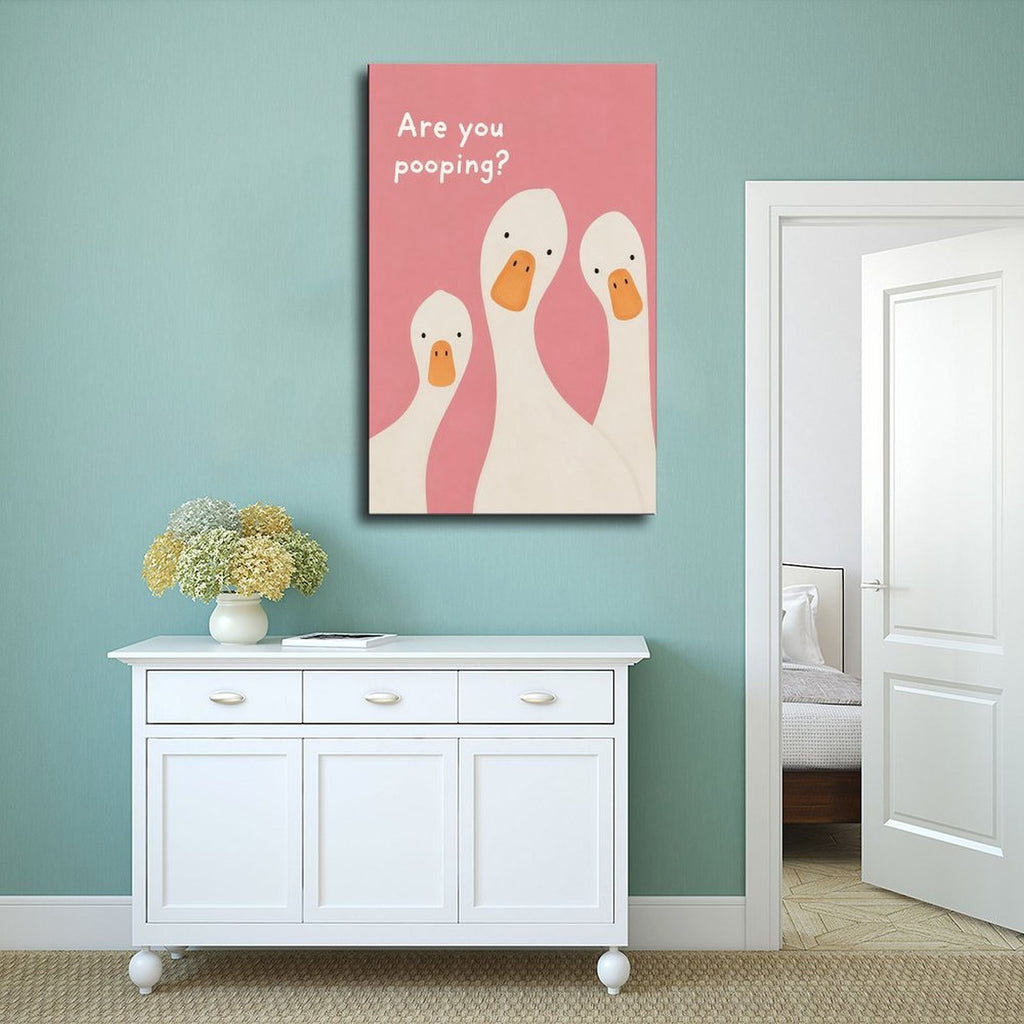 three white ducks beneath bathroom humor typography in pink, white, orange tones — Wrapped Canvas SCENE_02