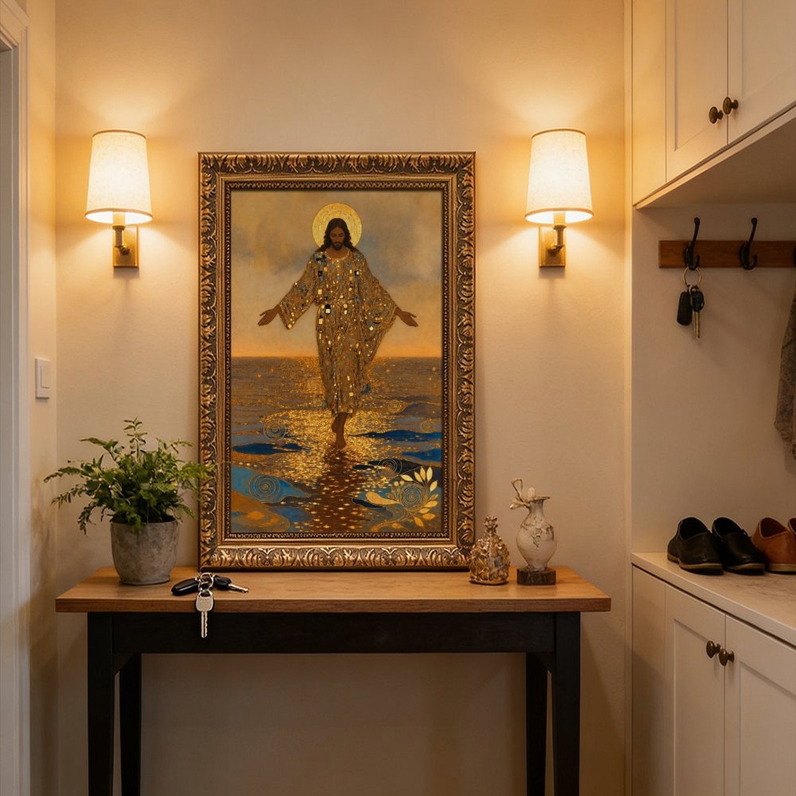 haloed sacred figure walking across reflective water in gold, deep blue, warm brown tones — Vintage Gold Frame SCENE_03