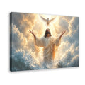 Robed sacred figure with raised arms beneath a white dove in golden clouds and light — Wrapped Canvas HERO