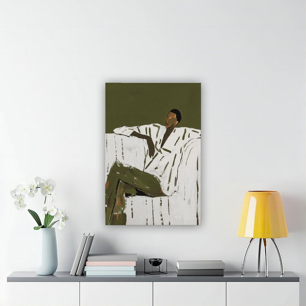 seated man in a white shirt and olive trousers in minimalist figurative art style — Wrapped Canvas SCENE_04