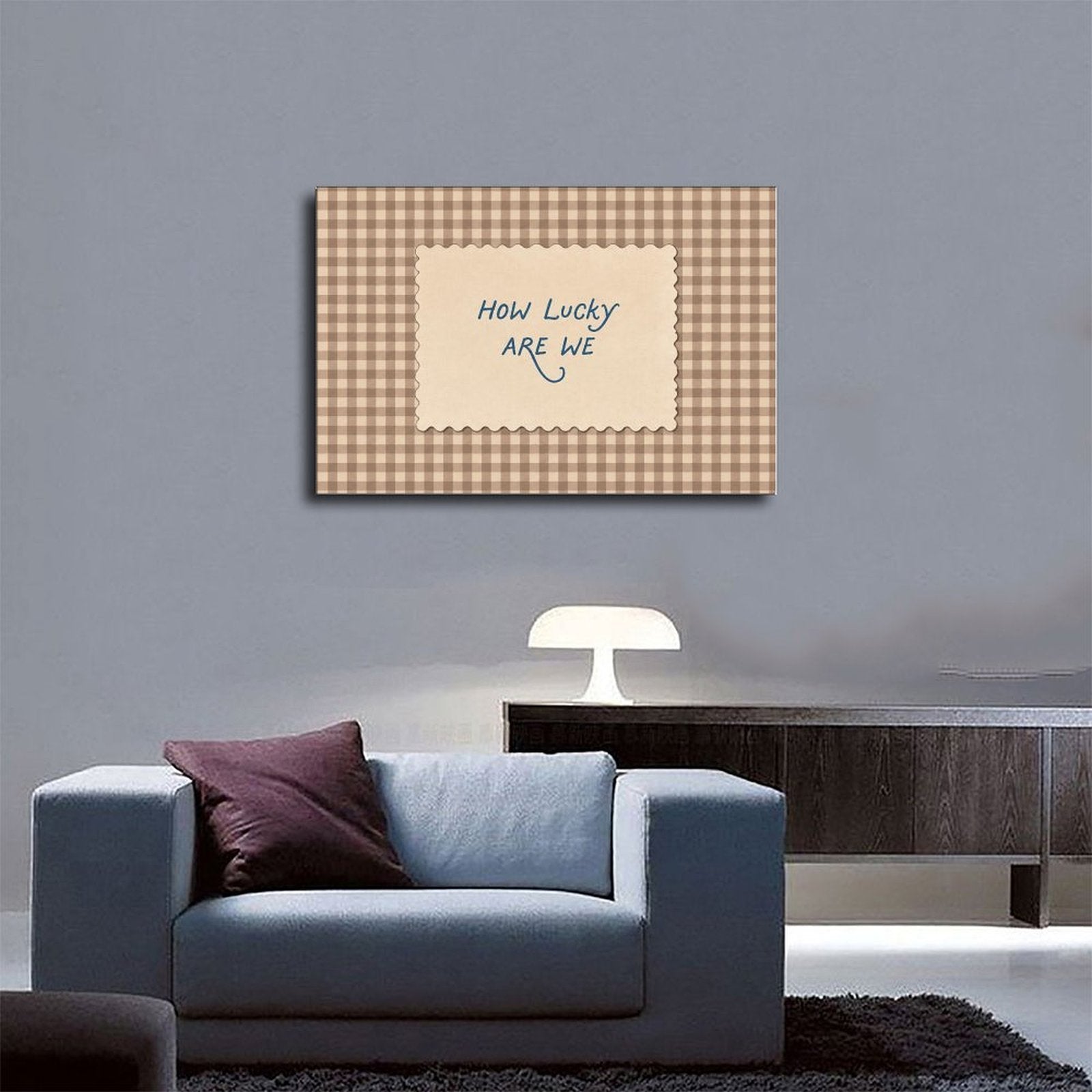 blue handwritten gratitude quote on brown gingham in taupe, cream, blue tones — Wrapped Canvas SCENE_03