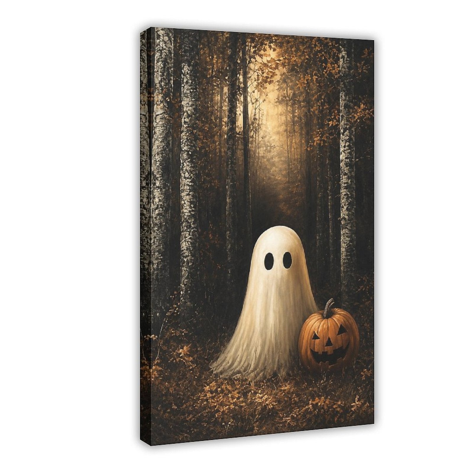 sheet ghost beside a carved pumpkin in an autumn forest in black, amber, cream tones — Wrapped Canvas HERO