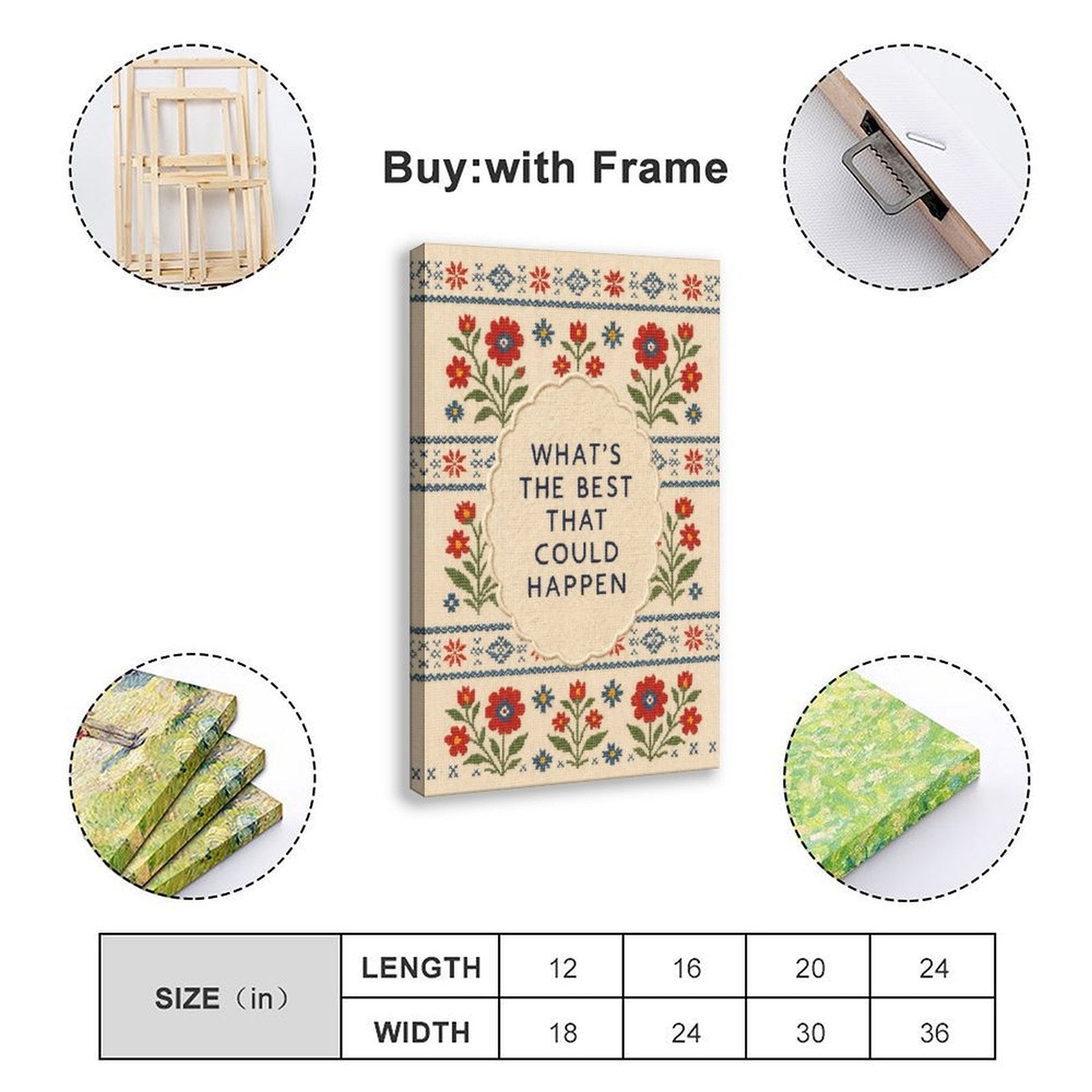floral folk-art border around optimistic typography in red, blue, green tones — Wrapped Canvas SIZE_GUIDE