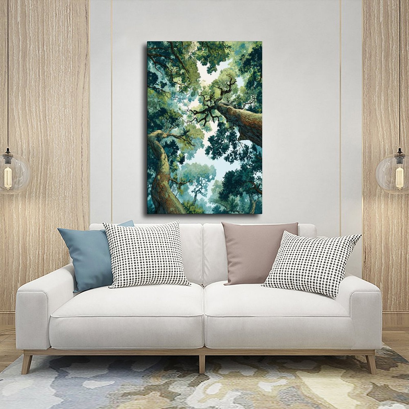 towering forest canopy viewed upward between large trees in deep green, teal, cream tones — Wrapped Canvas SCENE_03