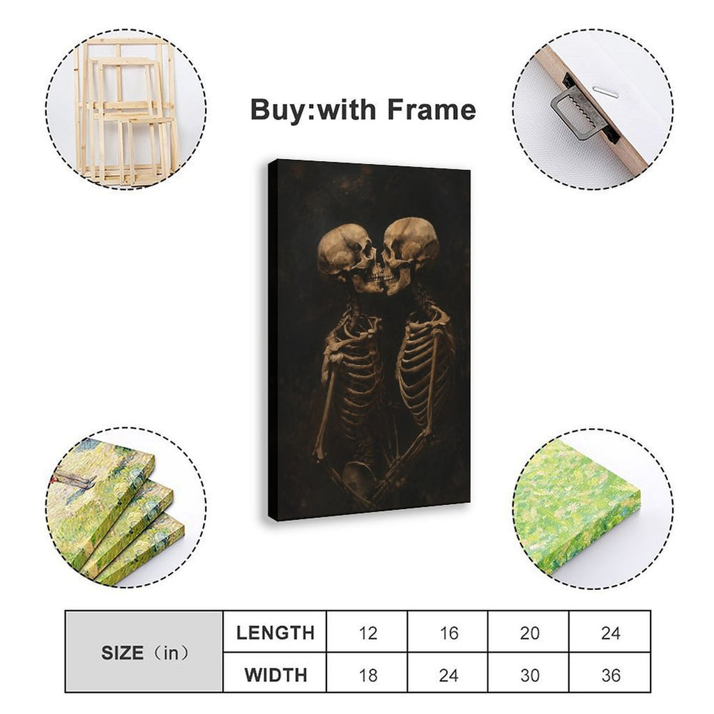 two skeletons leaning together in a kiss in black, bone beige, deep brown tones — Wrapped Canvas SIZE_GUIDE
