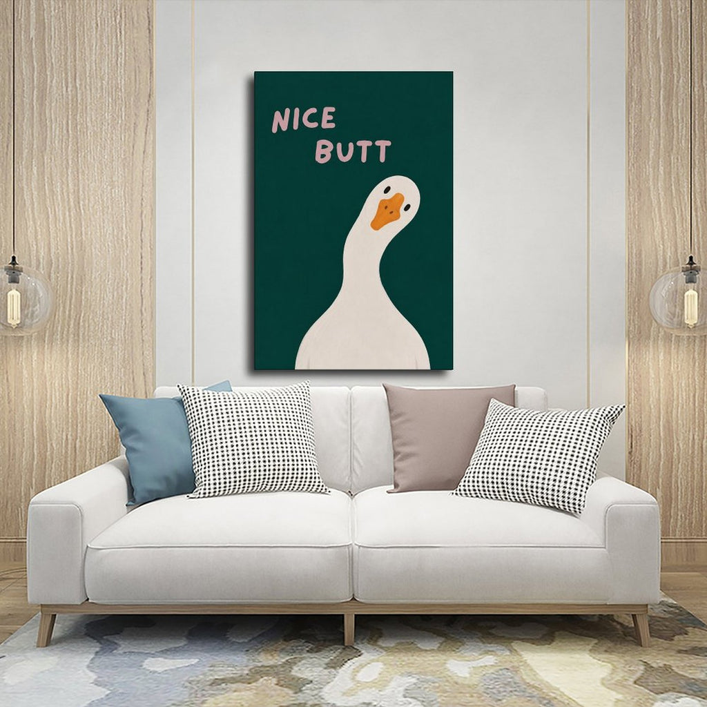 white goose beneath cheeky typography in deep teal, white, pink tones — Wrapped Canvas SCENE_03