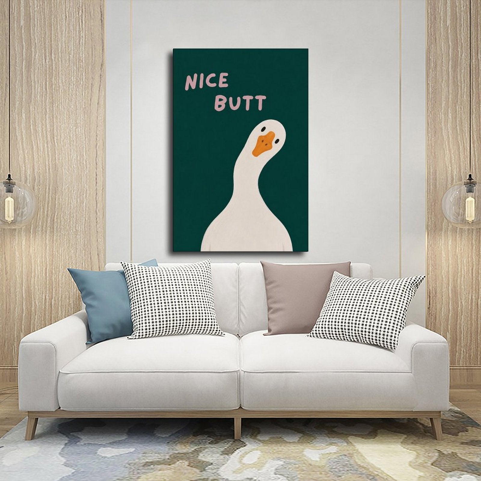 white goose beneath cheeky typography in deep teal, white, pink tones — Wrapped Canvas SCENE_03