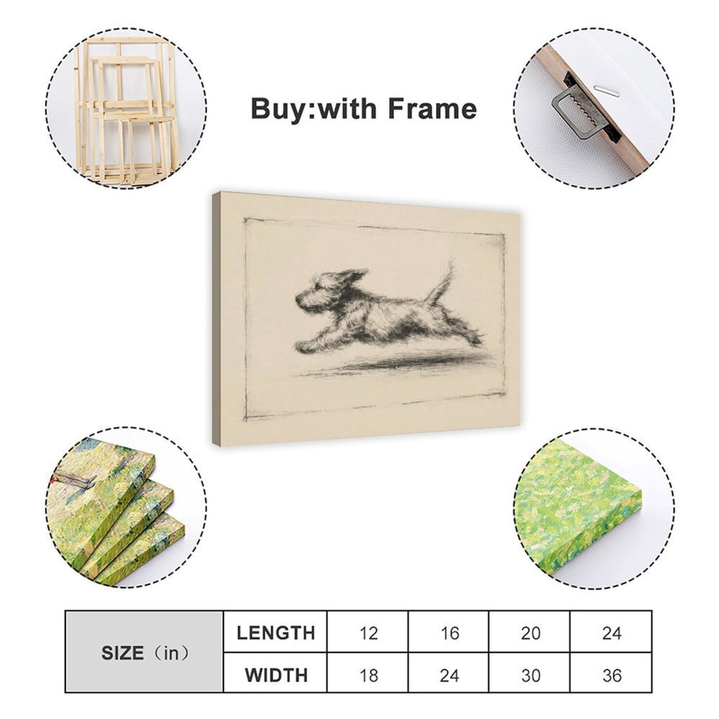 Charcoal sketch of a shaggy dog running across a warm cream background — Wrapped Canvas SIZE_GUIDE