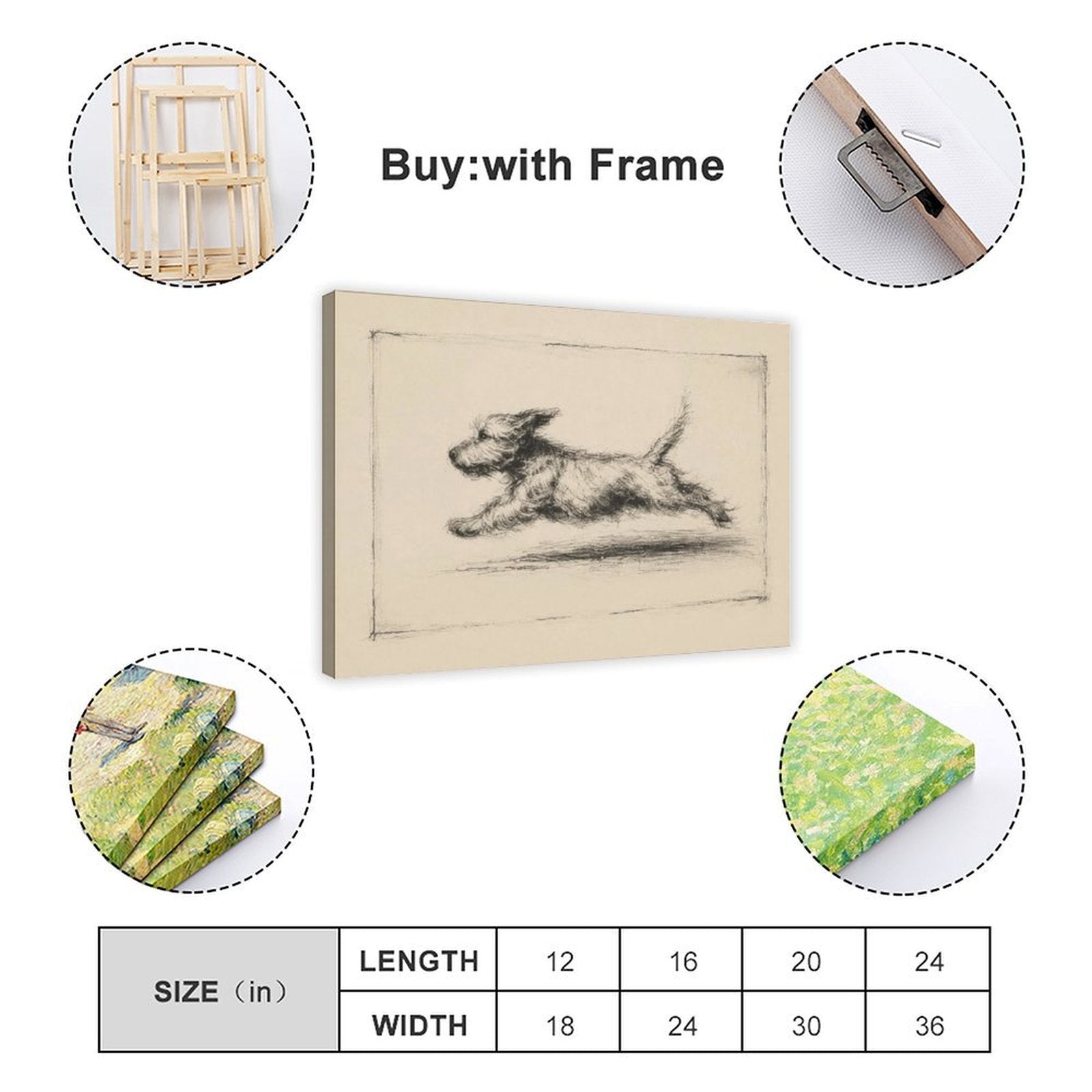 Charcoal sketch of a shaggy dog running across a warm cream background — Wrapped Canvas SIZE_GUIDE