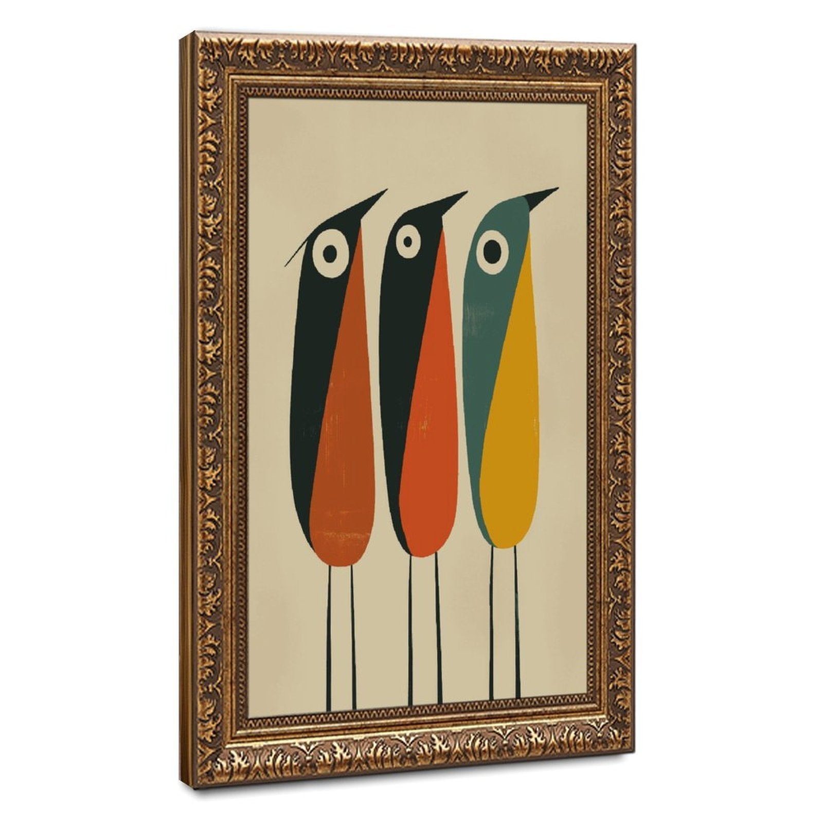 three stylized long-beaked birds in geometric illustration style — Vintage Gold Frame HERO