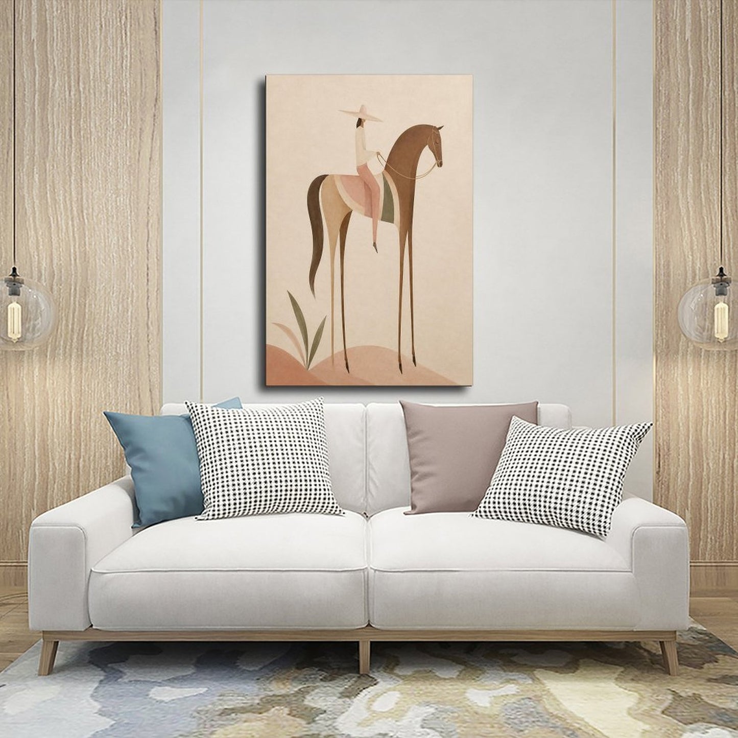 Soft Blush Long Horse canvas wall art featuring a graceful long-limbed horse in soft blush pink, warm beige, muted cream tones, displayed in the Wrapped Canvas style