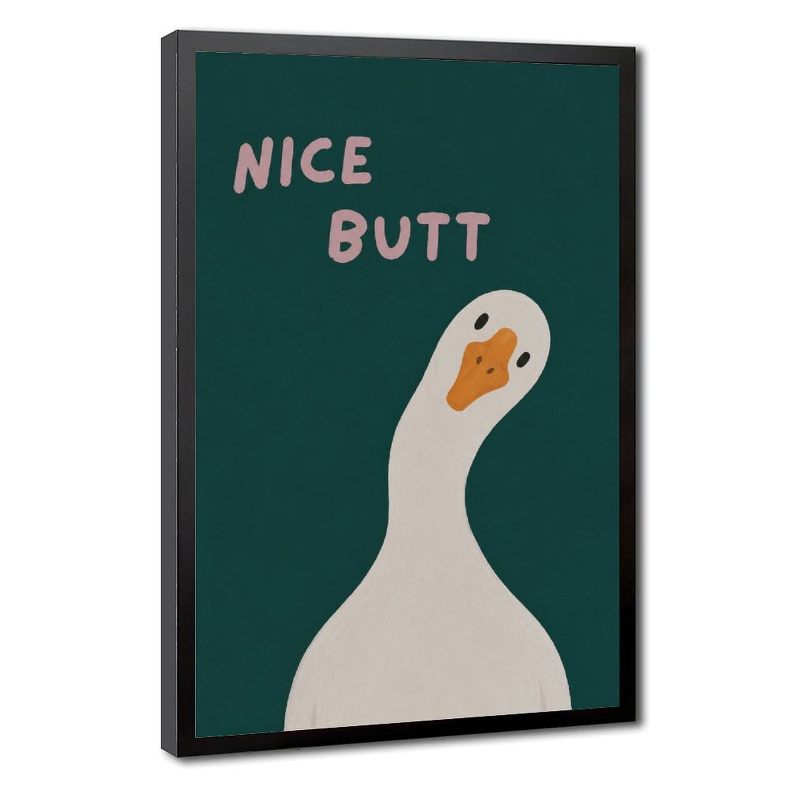 white goose beneath cheeky typography in deep teal, white, pink tones — Black Frame HERO