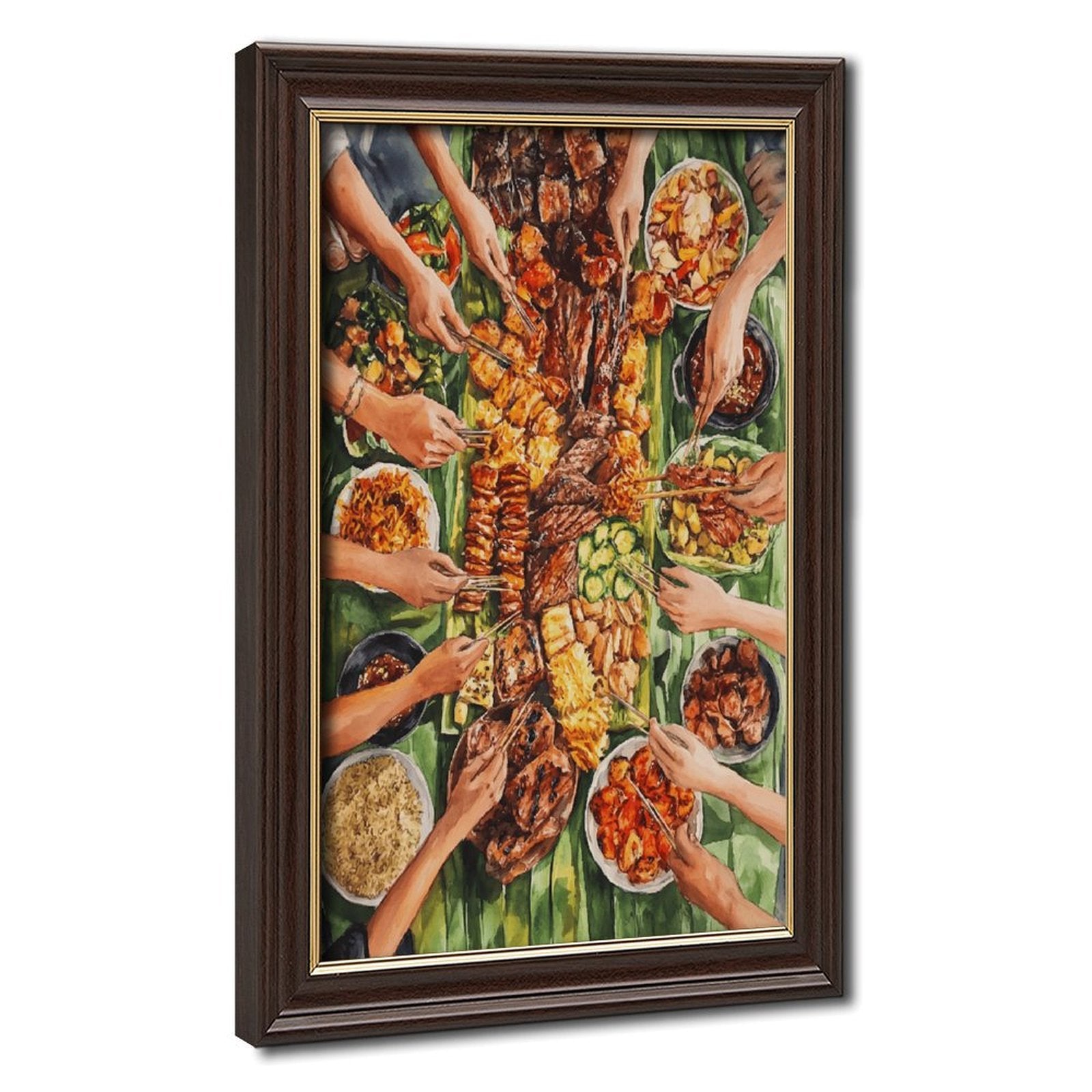overhead table filled with a colorful shared meal in contemporary food illustration style — Wood Grain Gold Frame HERO