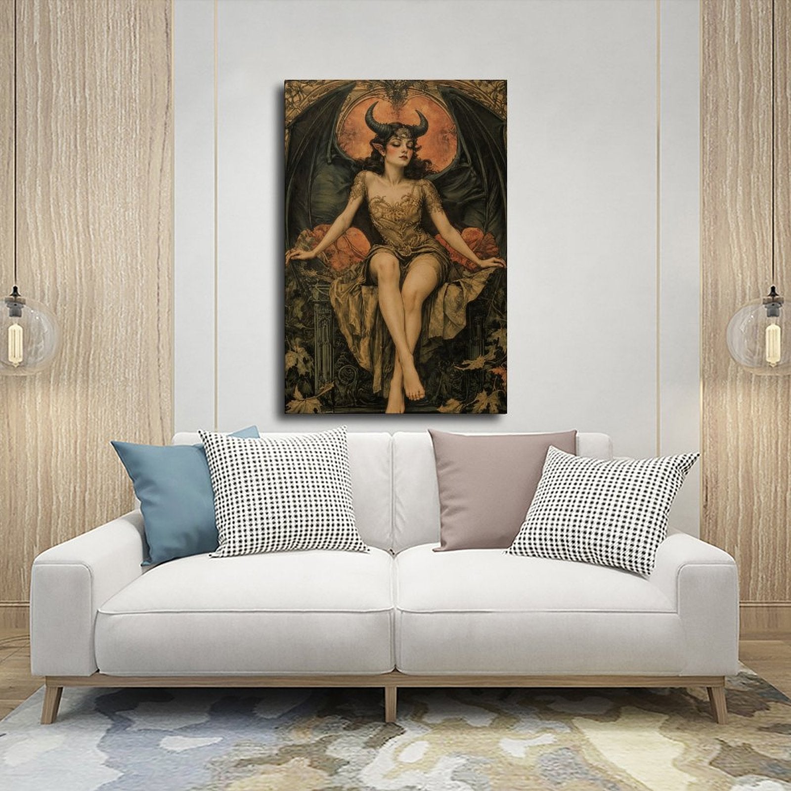 horned winged woman seated before a glowing moon in brown, black, burnt orange tones — Wrapped Canvas SCENE_03