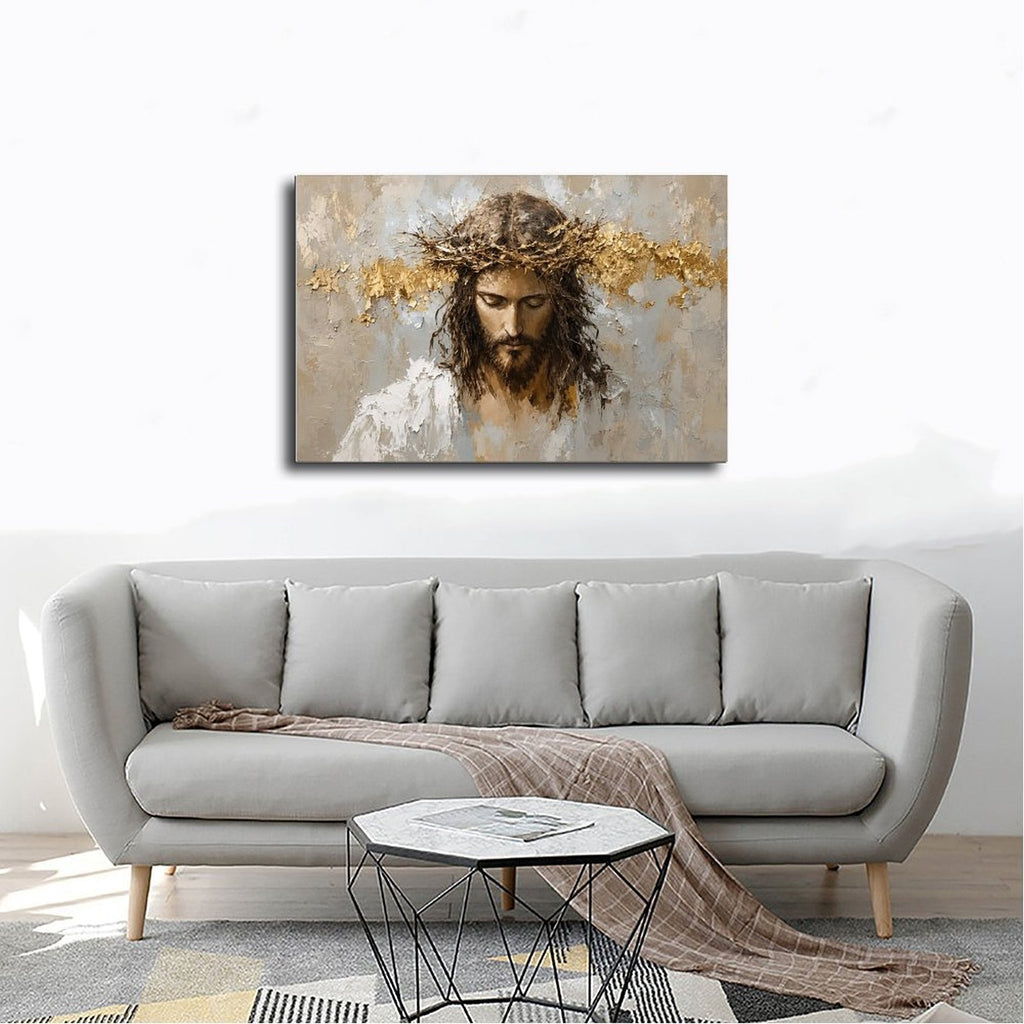 sorrowful sacred figure wearing a crown of thorns in white, taupe, charcoal tones — Wrapped Canvas SCENE_02