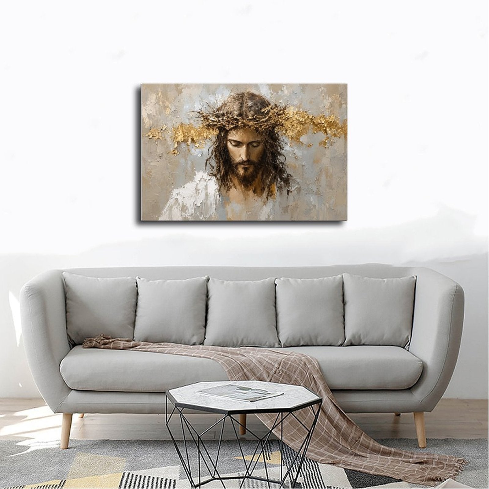 sorrowful sacred figure wearing a crown of thorns in white, taupe, charcoal tones — Wrapped Canvas SCENE_02