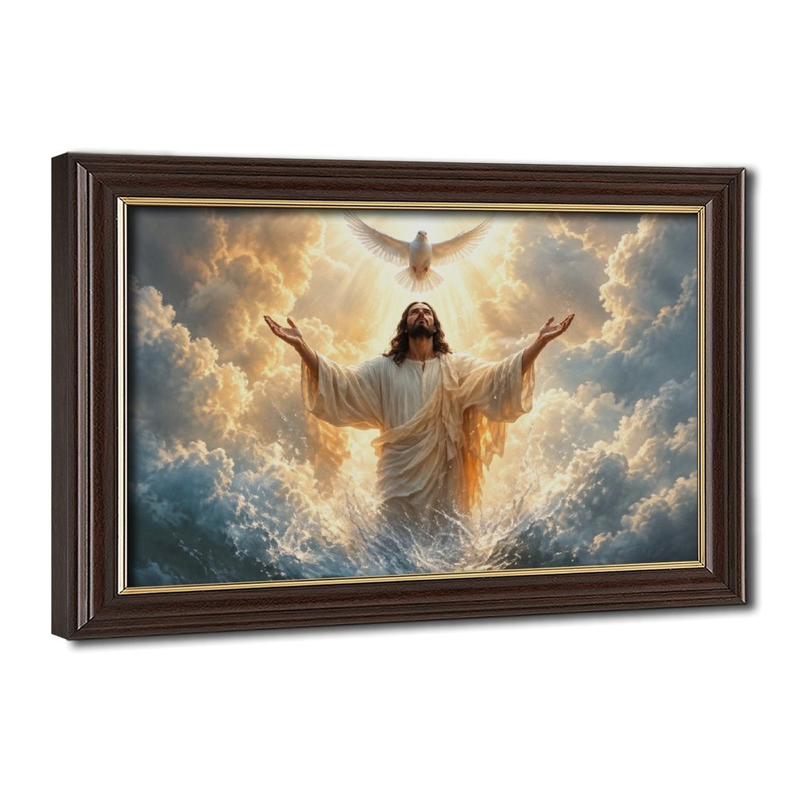 Robed sacred figure with raised arms beneath a white dove in golden clouds and light — Wood Grain Gold Frame HERO