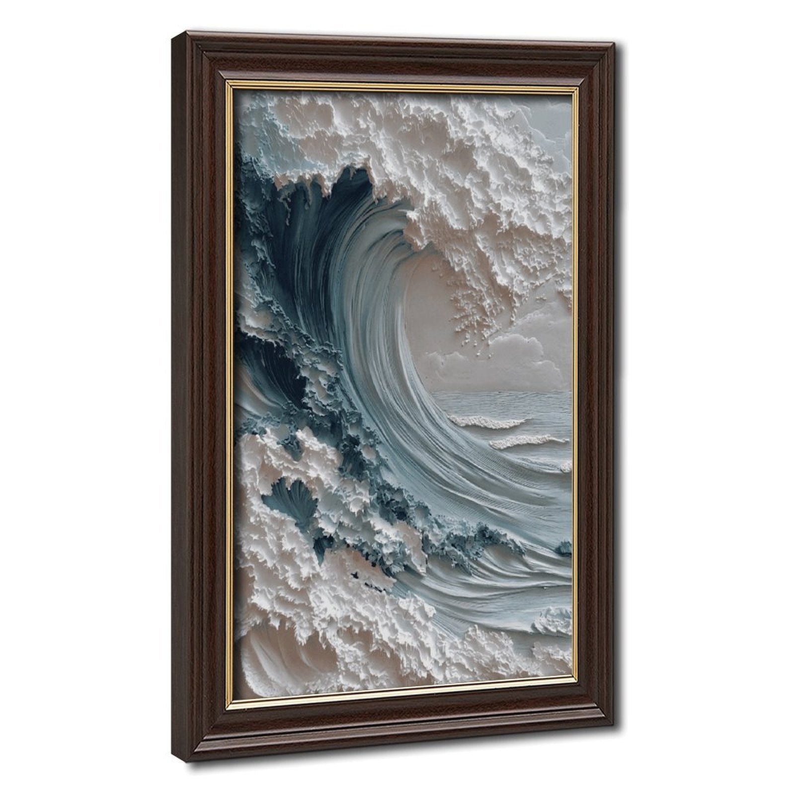 curling ocean wave in seascape art style — Wood Grain Gold Frame HERO