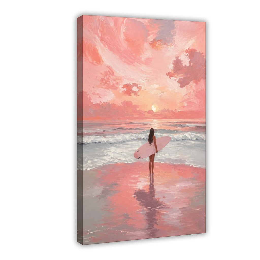 surfer carrying a pink surfboard at the shoreline in coral pink, peach, sky blue tones — Wrapped Canvas HERO