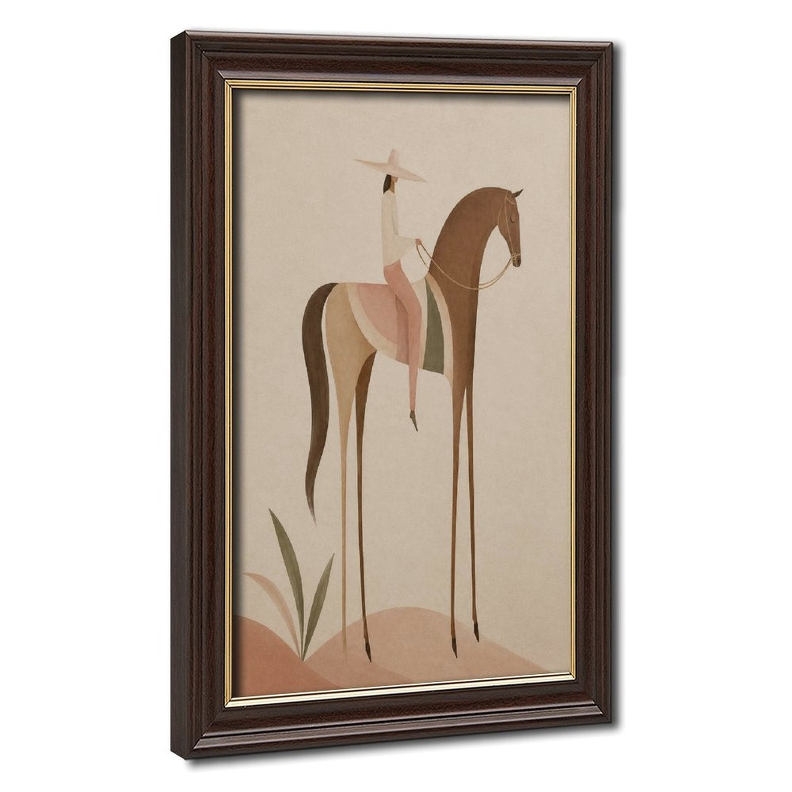 Soft Blush Long Horse canvas wall art featuring a graceful long-limbed horse in soft blush pink, warm beige, muted cream tones, displayed in the Wood Grain Gold Frame style