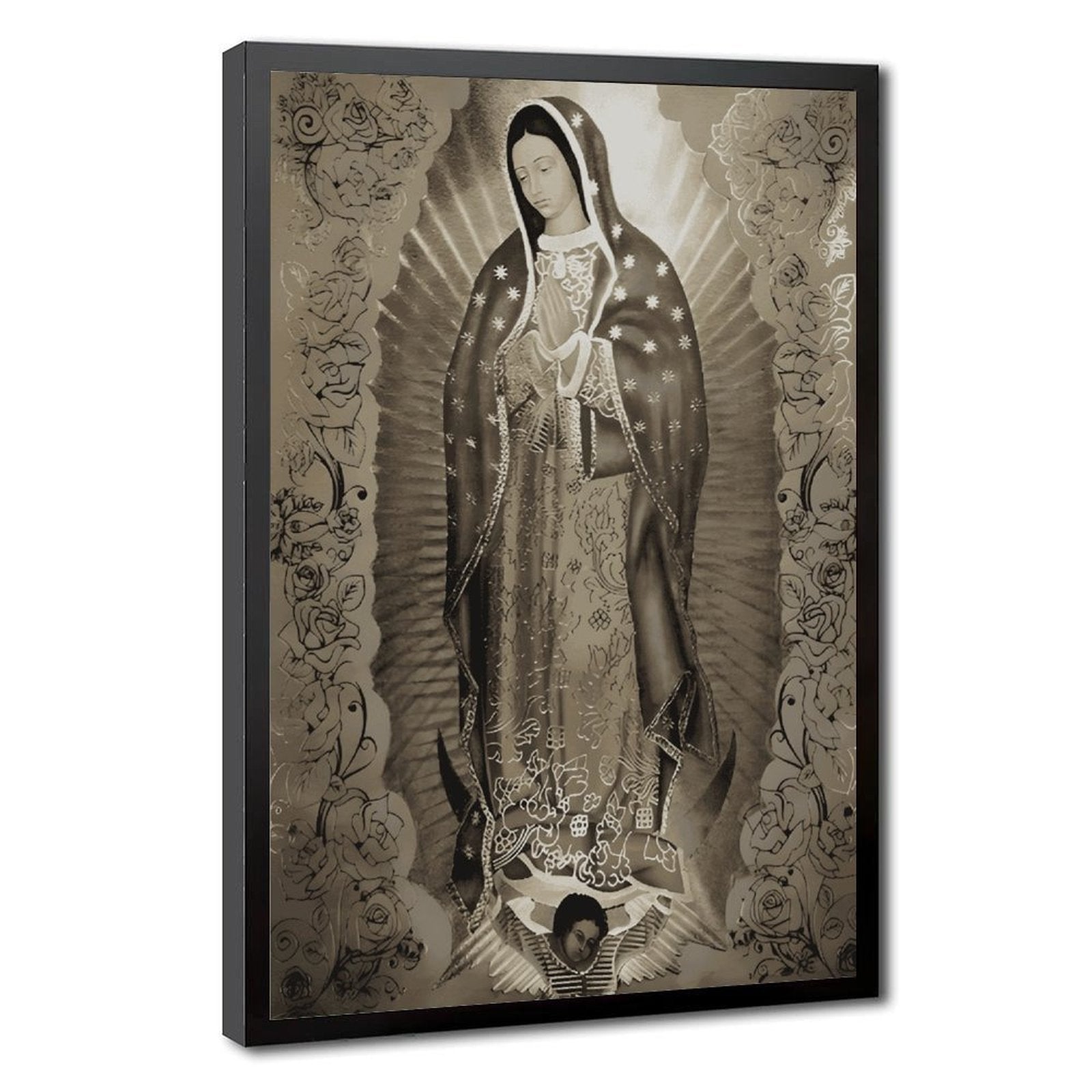 Our Lady of Guadalupe devotional figure in devotional art style — Black Frame HERO