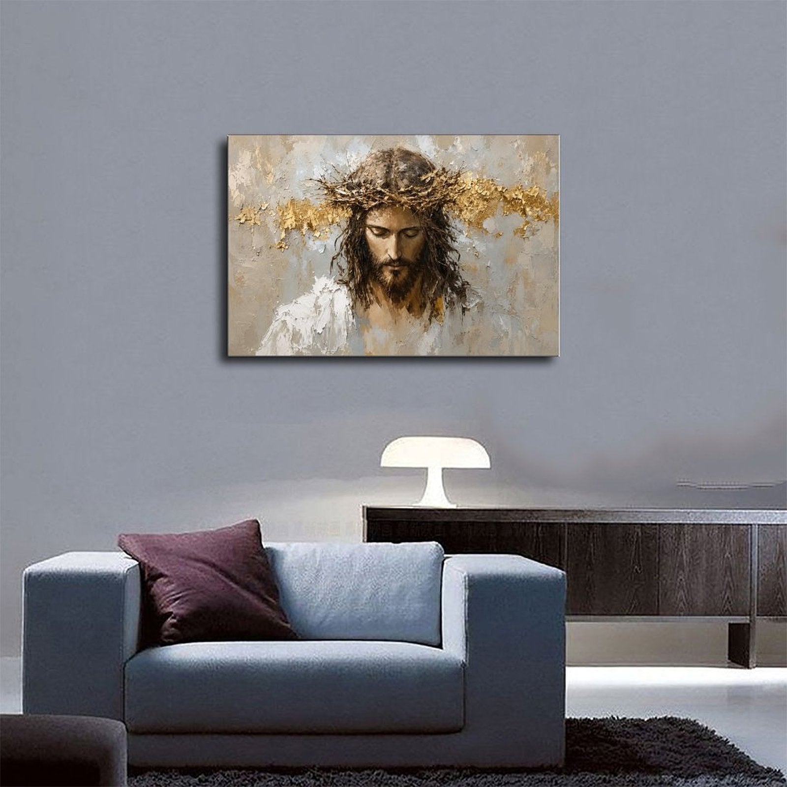 sorrowful sacred figure wearing a crown of thorns in white, taupe, charcoal tones — Wrapped Canvas SCENE_03