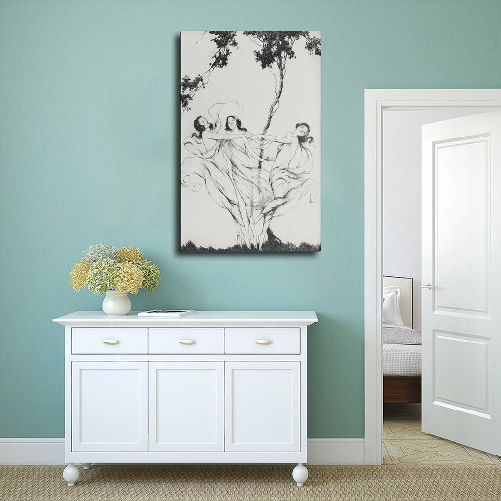 classical human figures beneath trees in classical line art style — Wrapped Canvas SCENE_02