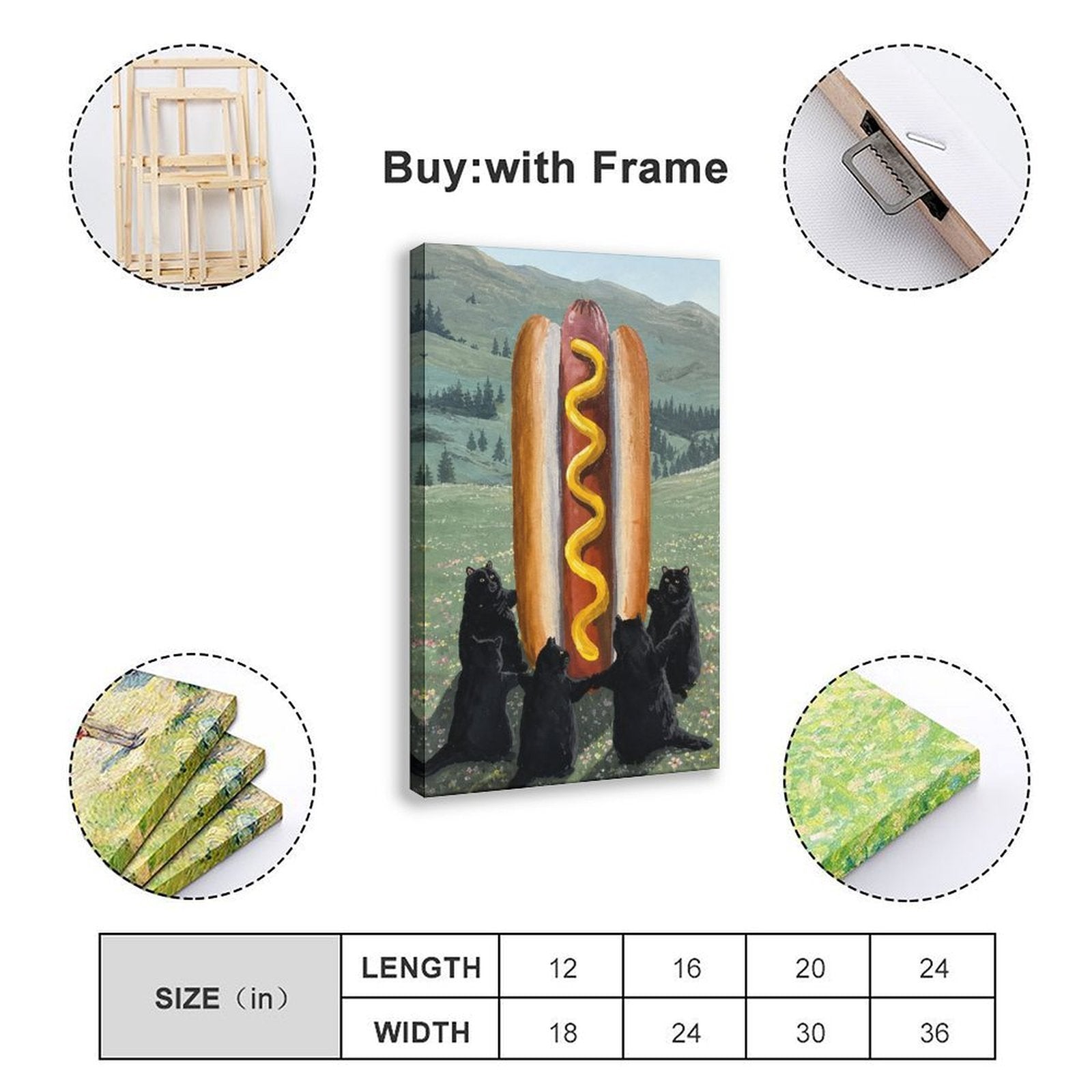 three black bears presenting a giant hot dog in a mountain meadow in green, black, red tones — Wrapped Canvas SIZE_GUIDE
