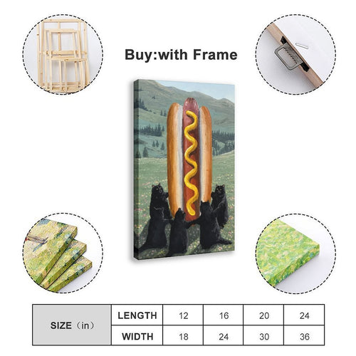 three black bears presenting a giant hot dog in a mountain meadow in green, black, red tones — Wrapped Canvas SIZE_GUIDE