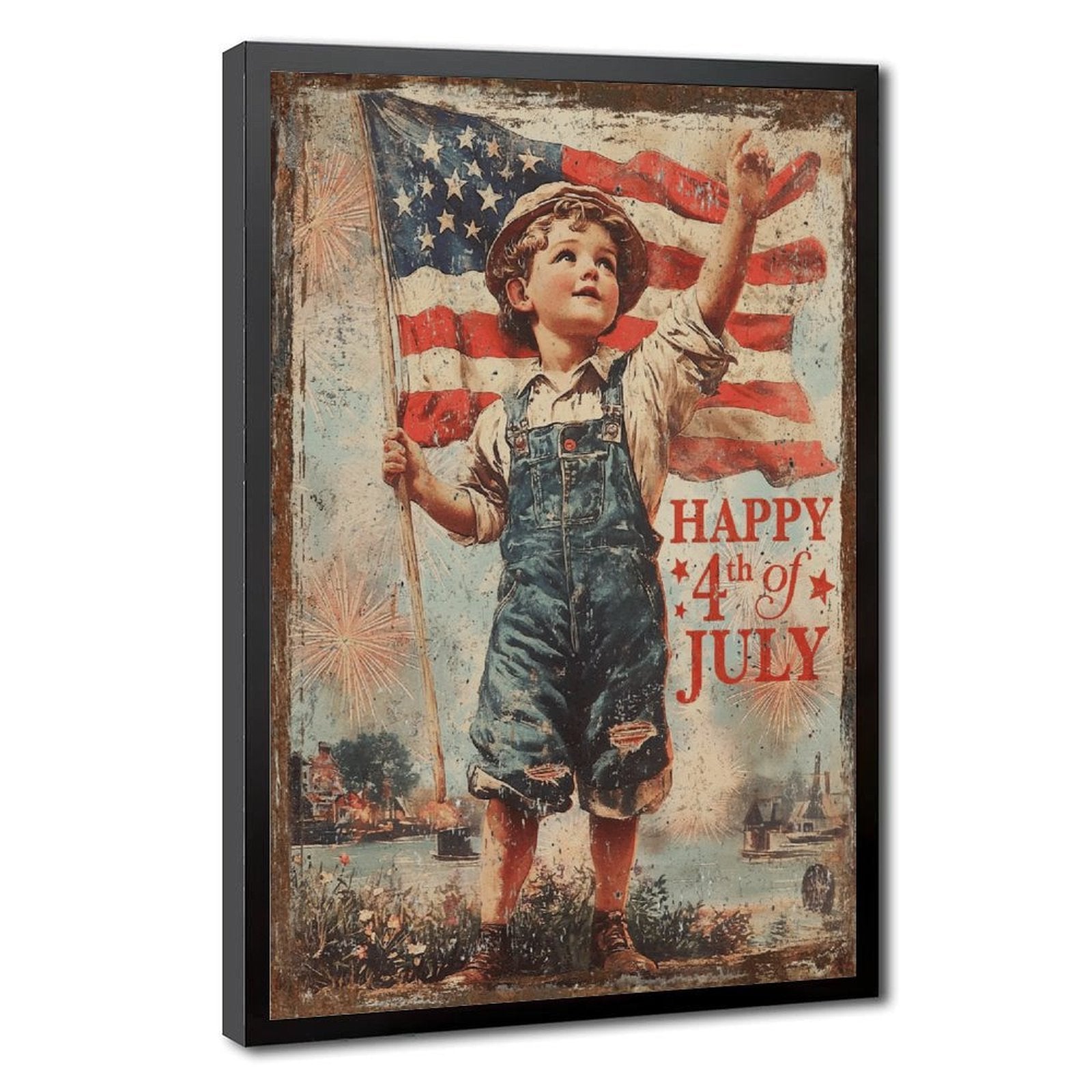 vintage patriotic boy holding an American flag in vintage illustration style — Black Frame HERO