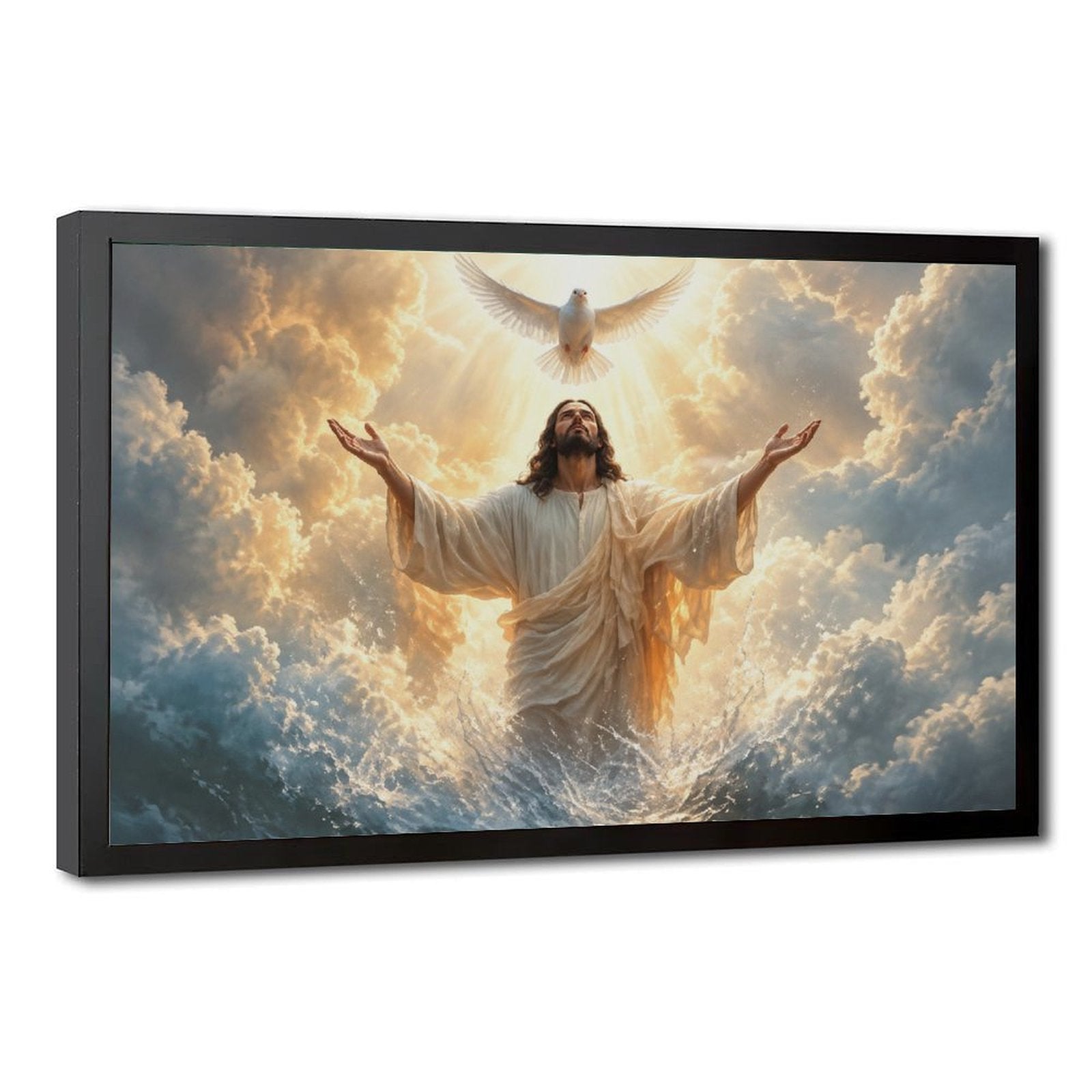Robed sacred figure with raised arms beneath a white dove in golden clouds and light — Black Frame HERO