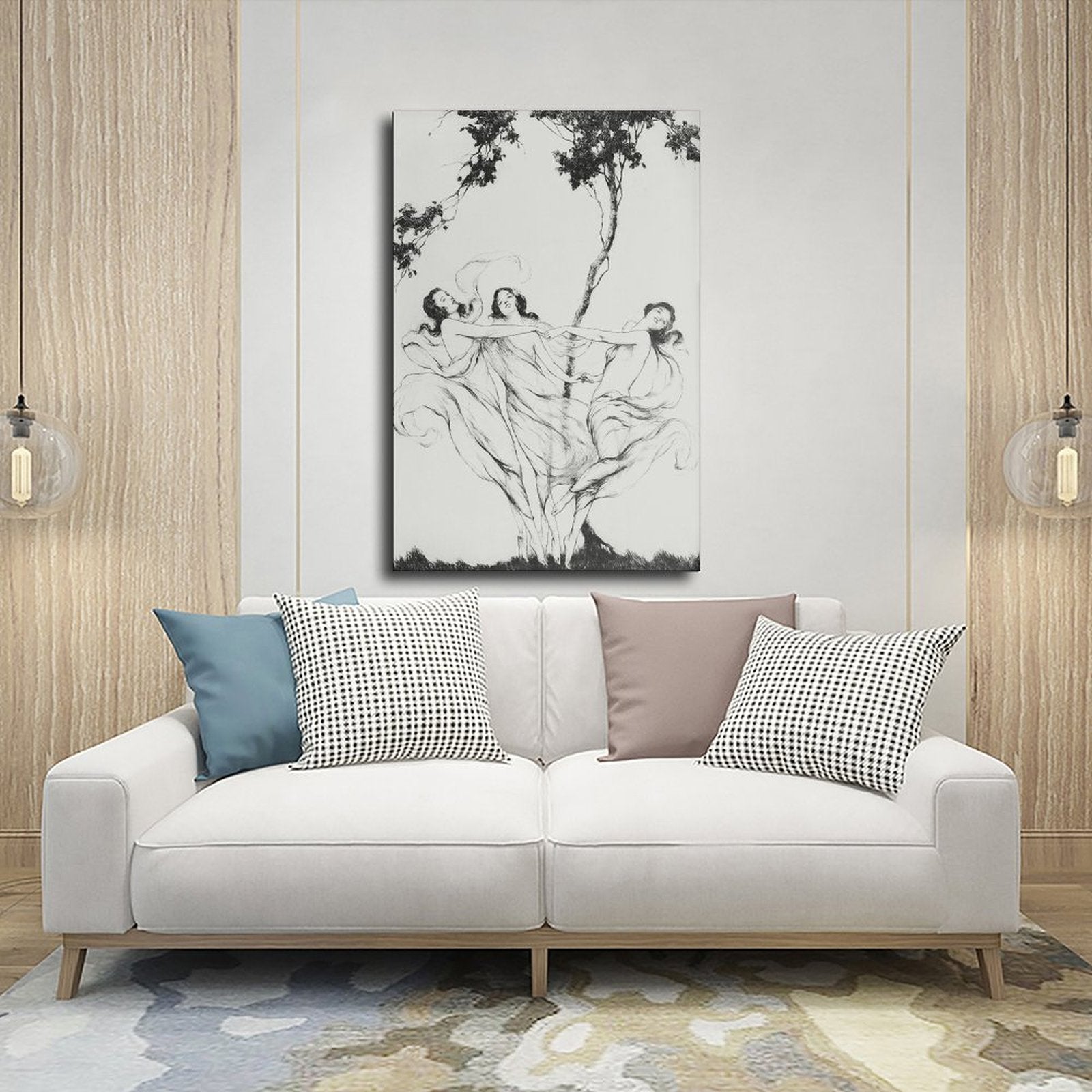 classical human figures beneath trees in classical line art style — Wrapped Canvas SCENE_03