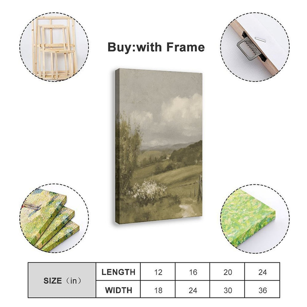 misty countryside valley with a small house and winding path in landscape painting style — Wrapped Canvas SIZE_GUIDE
