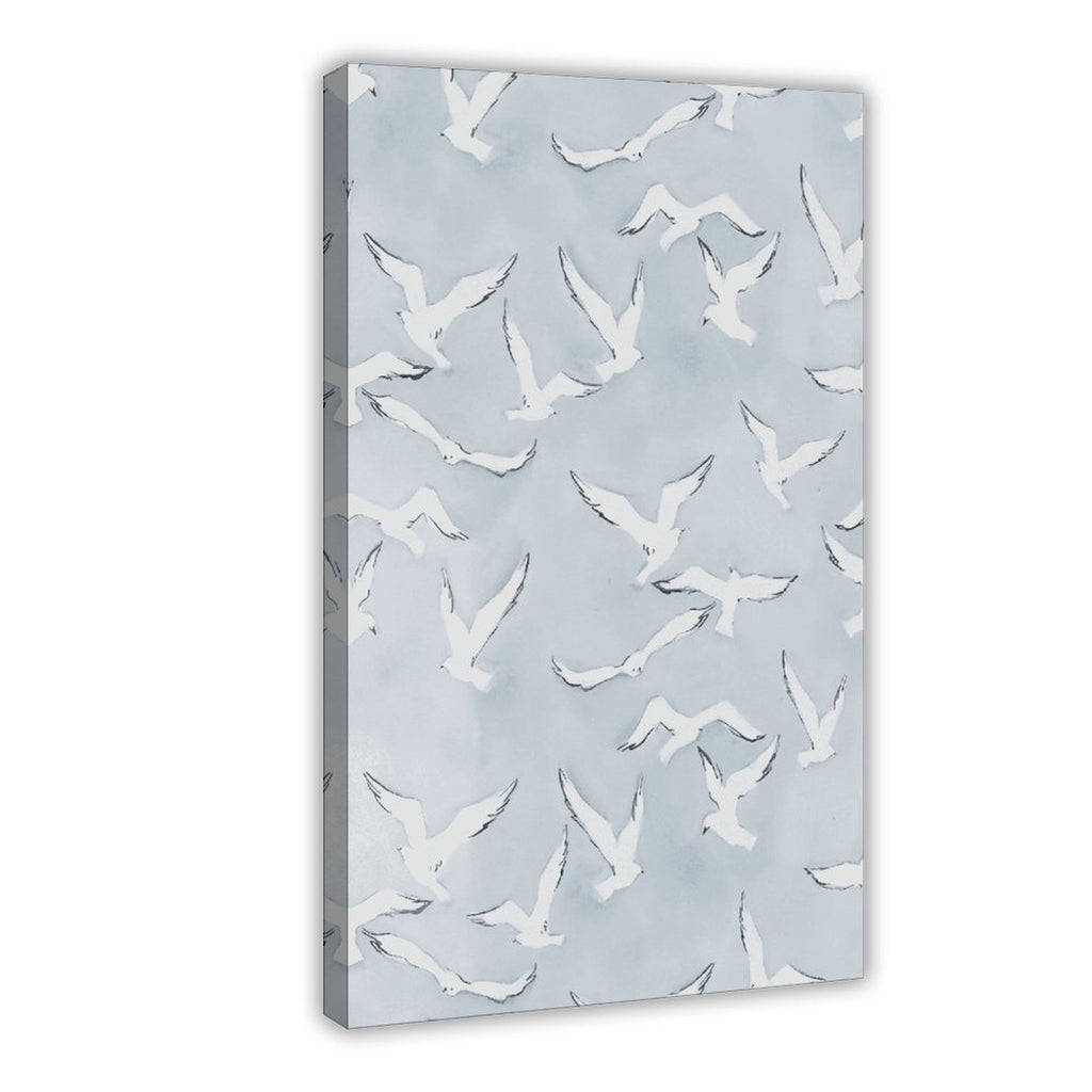 flock of white birds in flight in minimalist animal art style — Wrapped Canvas HERO