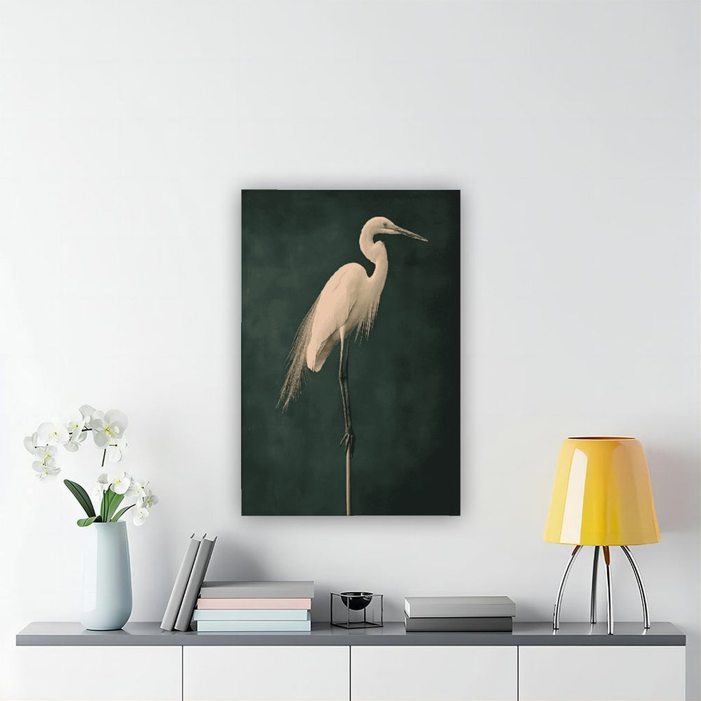 white heron standing against a deep green background in minimalist animal art style — Wrapped Canvas SCENE_04