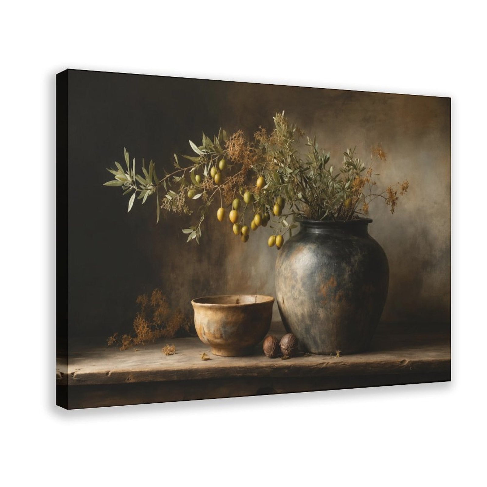 dark ceramic vessel with olive branches and fruit in charcoal, olive green, deep brown tones — Wrapped Canvas HERO