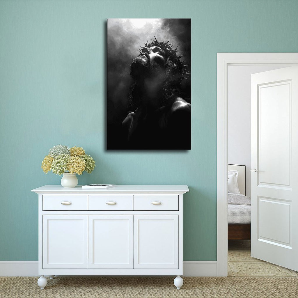 solemn man wearing a crown of thorns in prayer in religious portrait art style — Wrapped Canvas SCENE_02