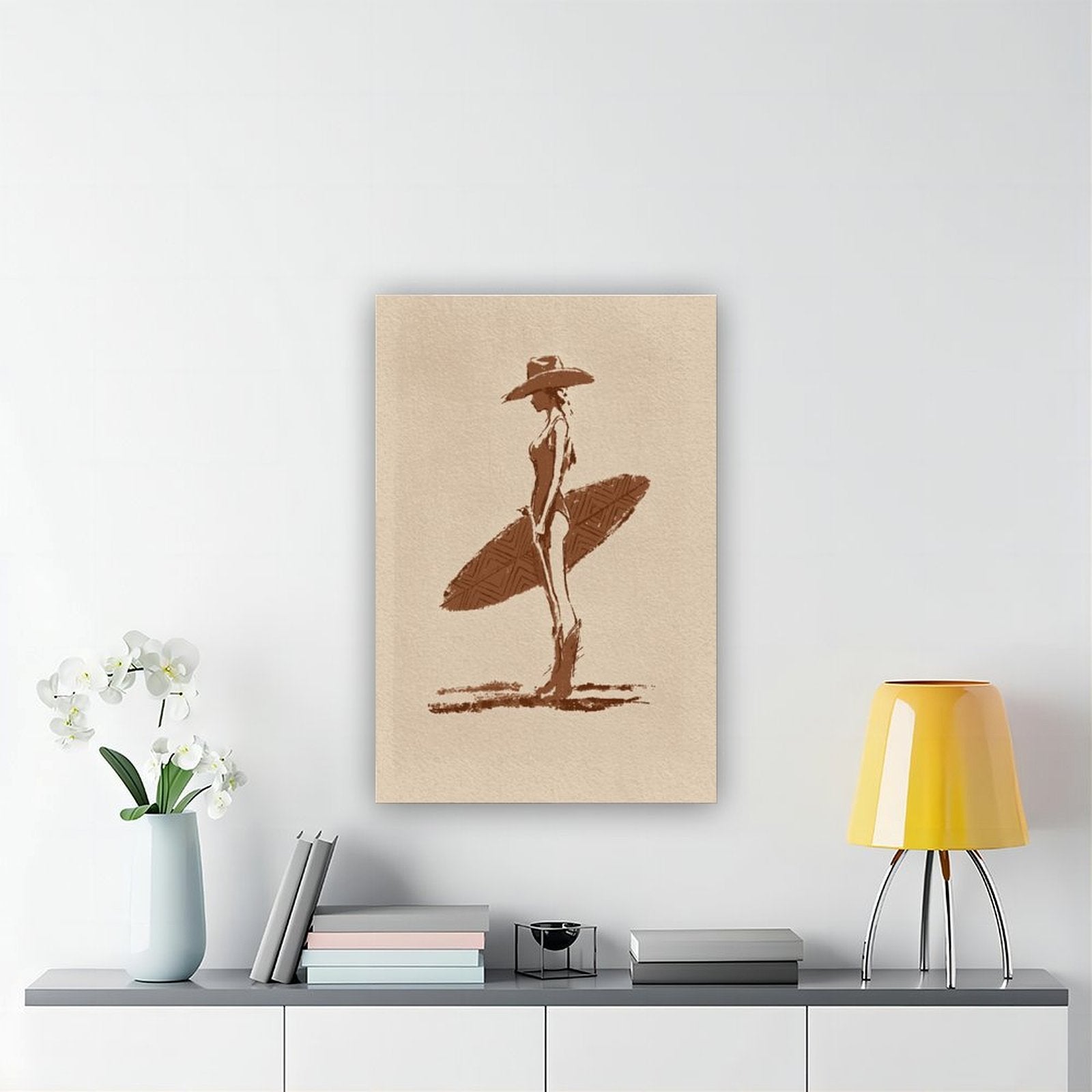 stylized seated woman with oversized botanical leaves in minimalist figurative art style — Wrapped Canvas SCENE_04