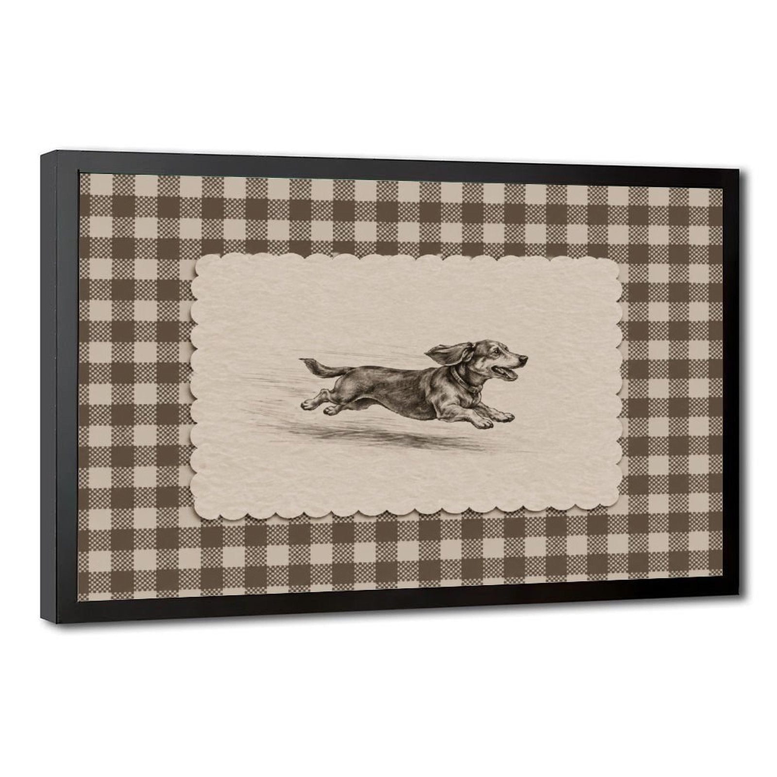running dachshund in a vintage sketch panel in black, cream, taupe tones — Black Frame HERO