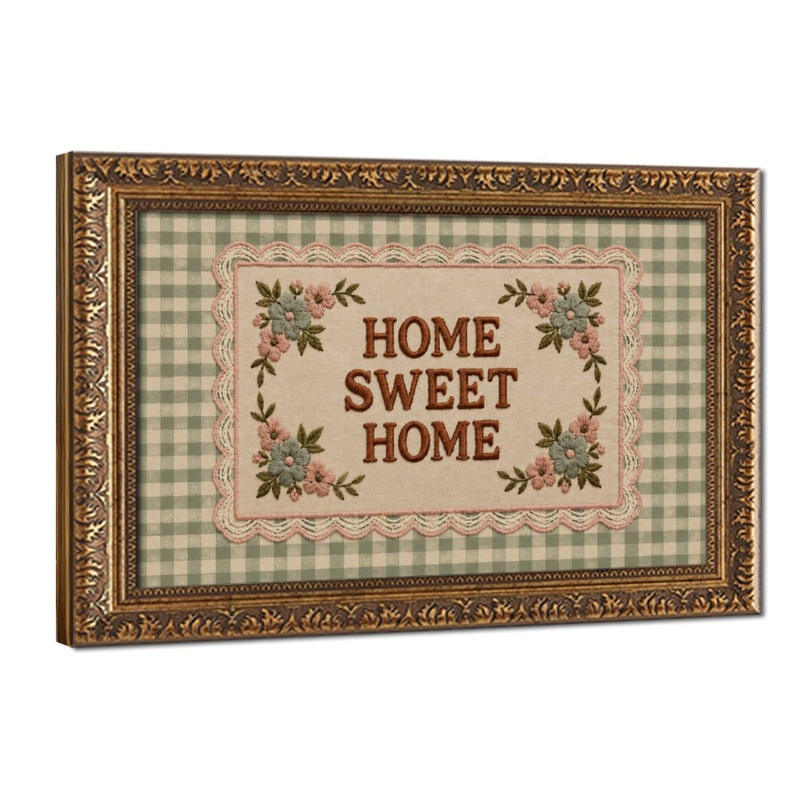 floral sampler typography on green gingham in sage green, cream, dusty pink tones — Vintage Gold Frame HERO