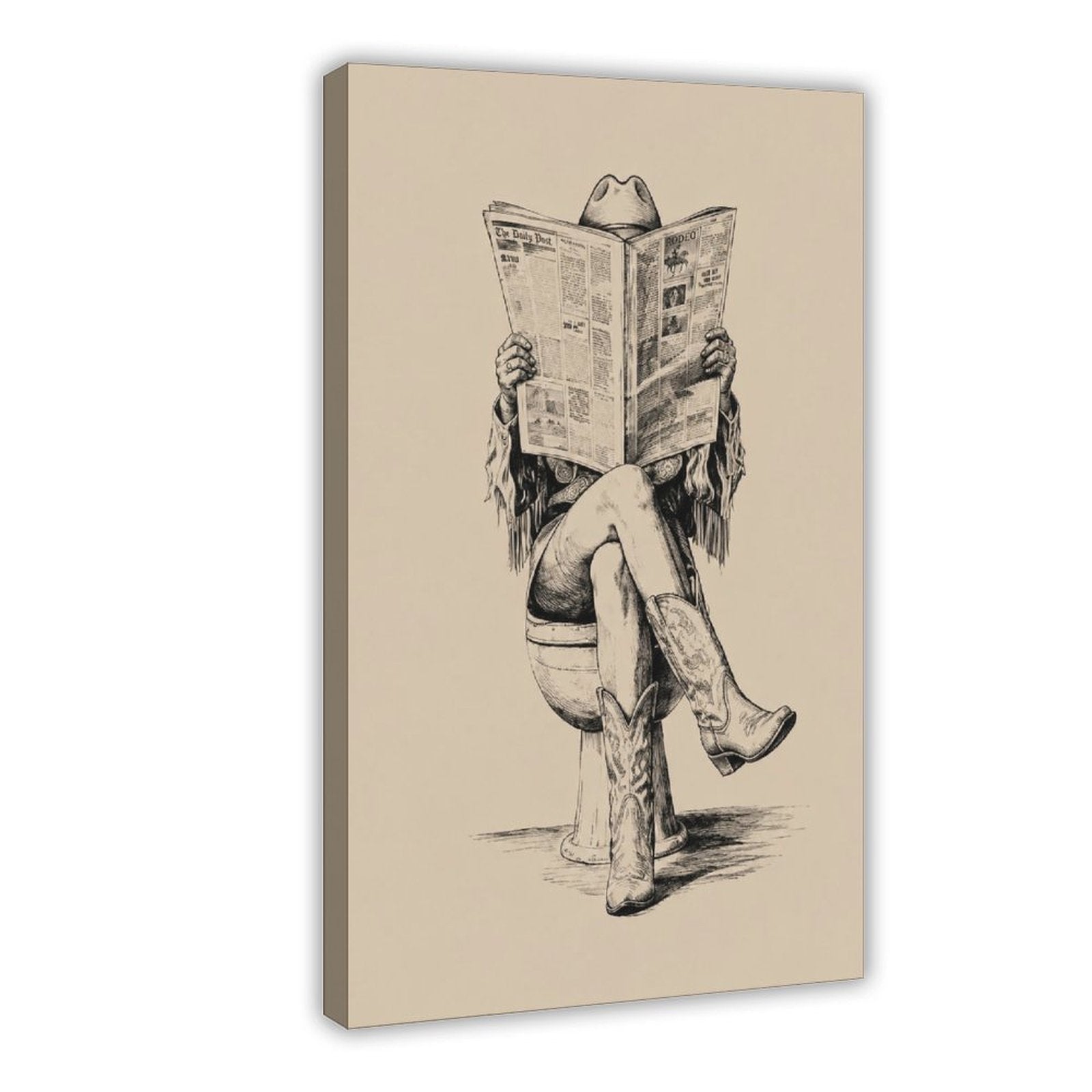 cowboy seated on a toilet reading a newspaper in black, warm cream tones — Wrapped Canvas HERO