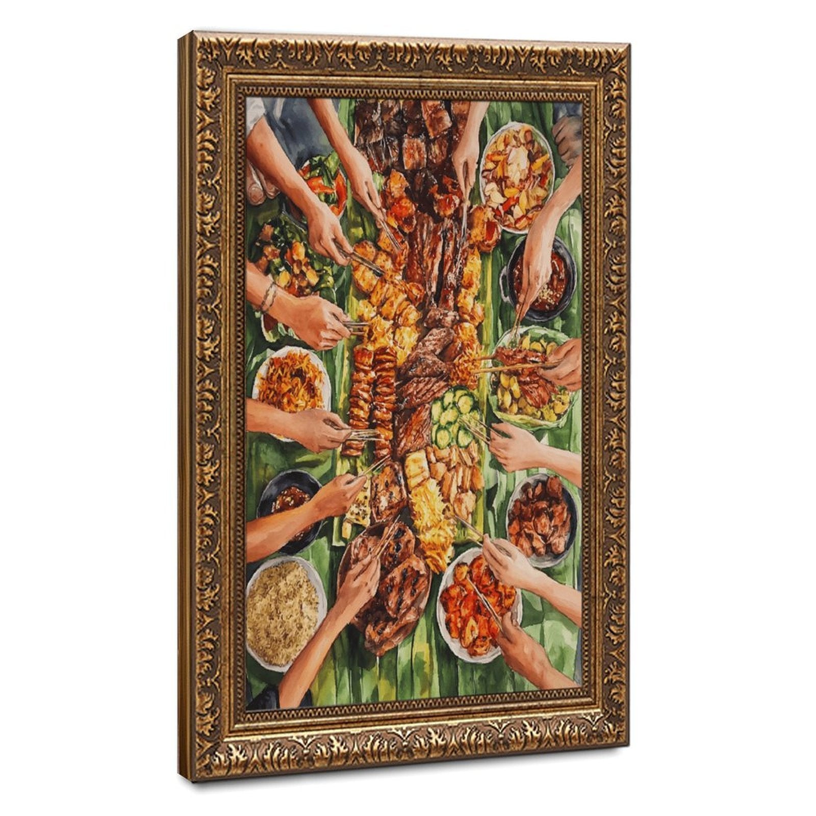 overhead table filled with a colorful shared meal in contemporary food illustration style — Vintage Gold Frame HERO