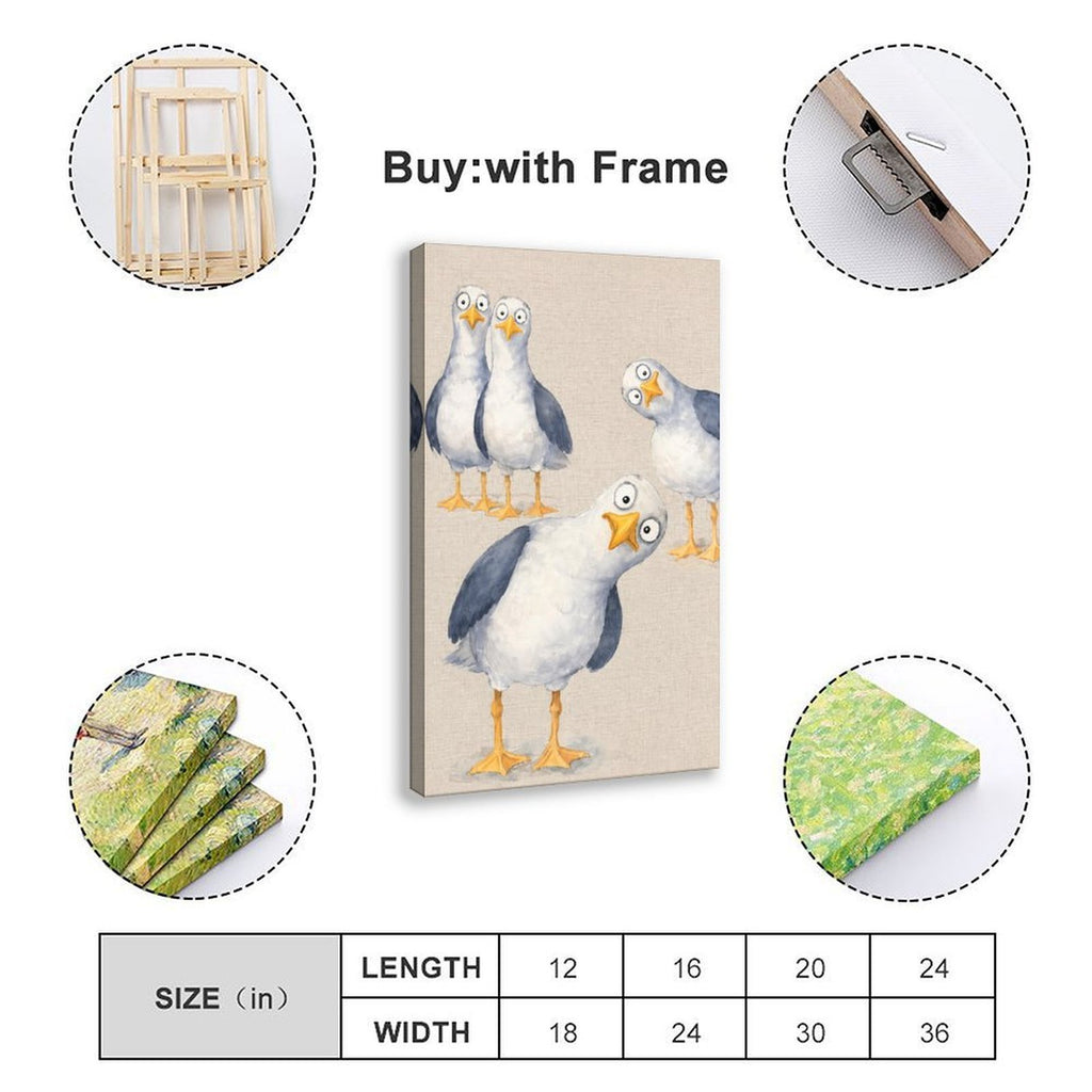 group of quirky seagulls with expressive poses in white, slate blue, yellow tones — Wrapped Canvas SIZE_GUIDE