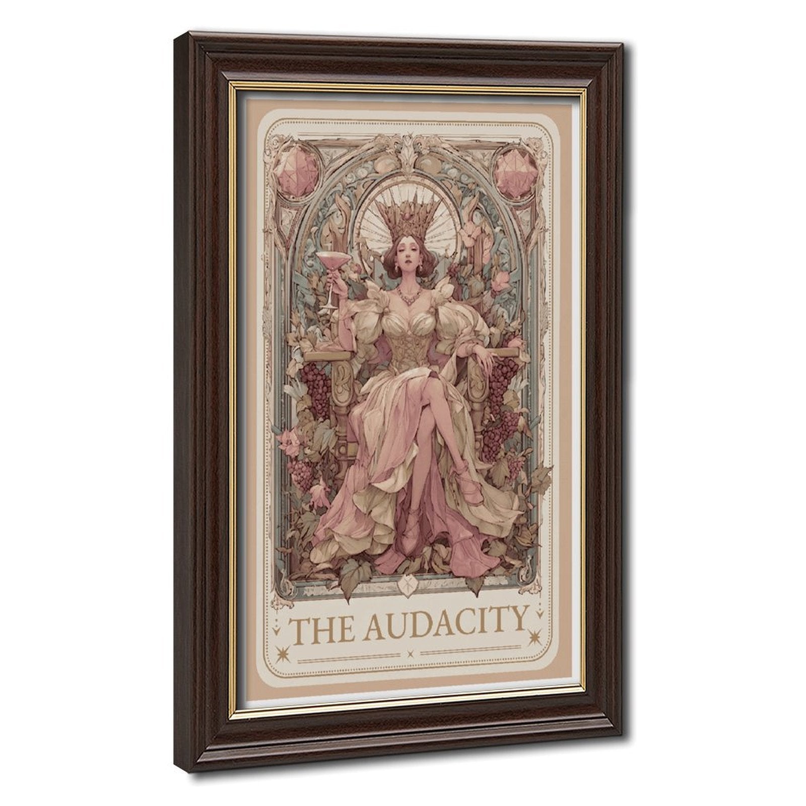 ornate crowned woman seated on a throne in art nouveau-inspired illustration style — Wood Grain Gold Frame HERO