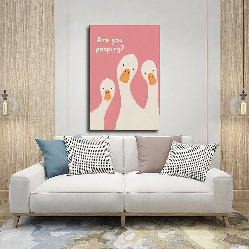 three white ducks beneath bathroom humor typography in pink, white, orange tones — Wrapped Canvas SCENE_03