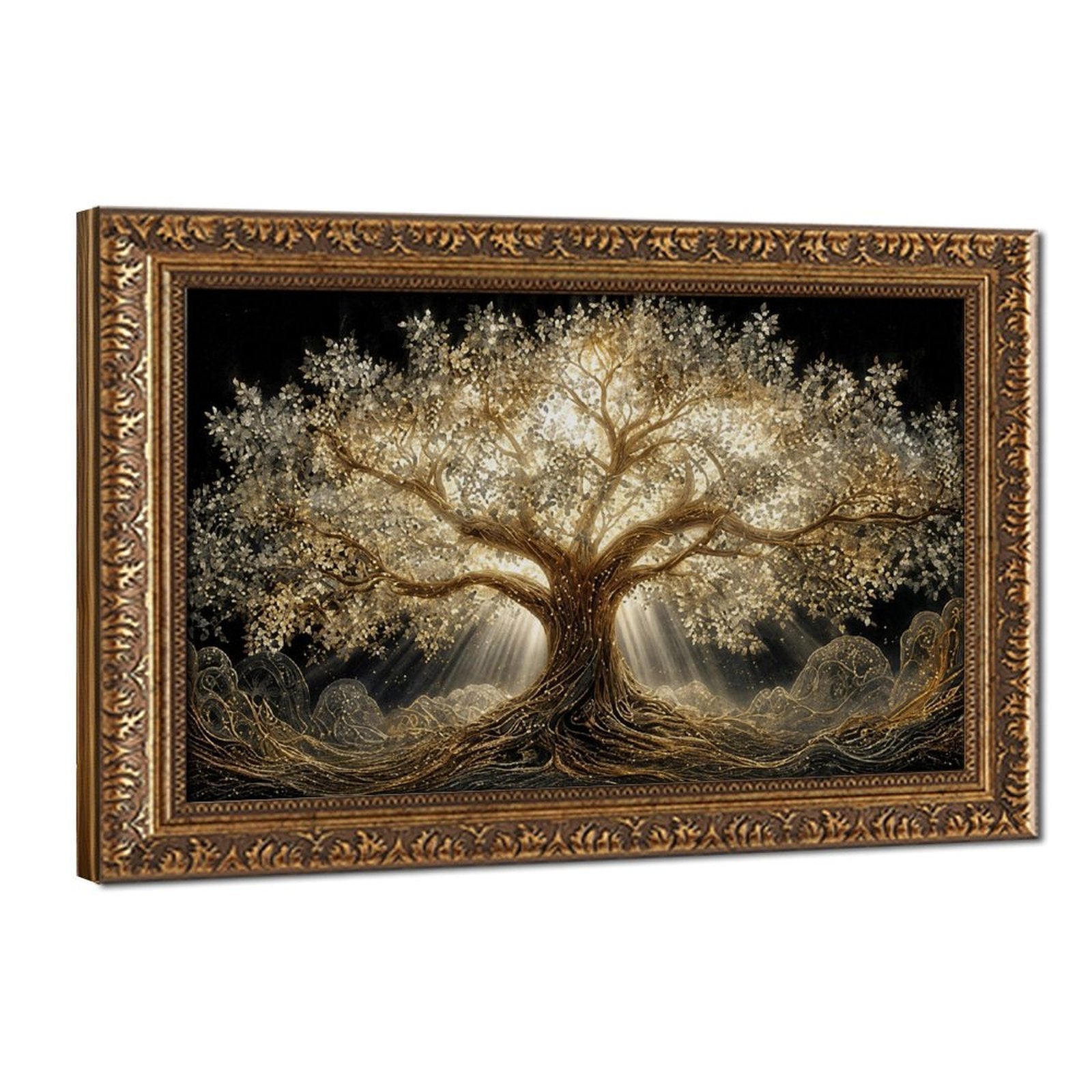 luminous golden tree with sprawling roots and branches in gold, black, warm white tones — Vintage Gold Frame HERO