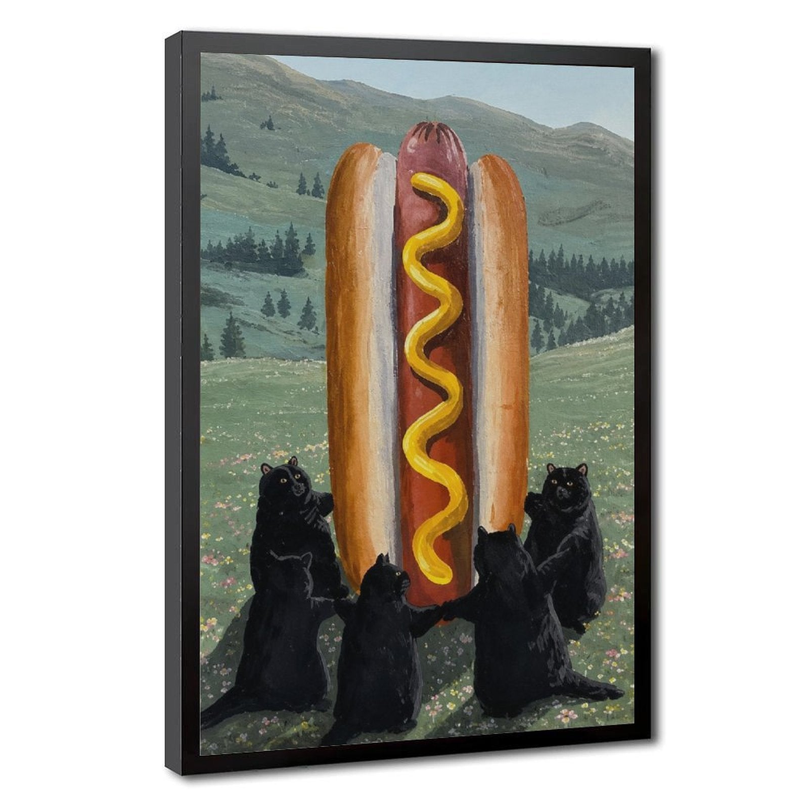 three black bears presenting a giant hot dog in a mountain meadow in green, black, red tones — Black Frame HERO